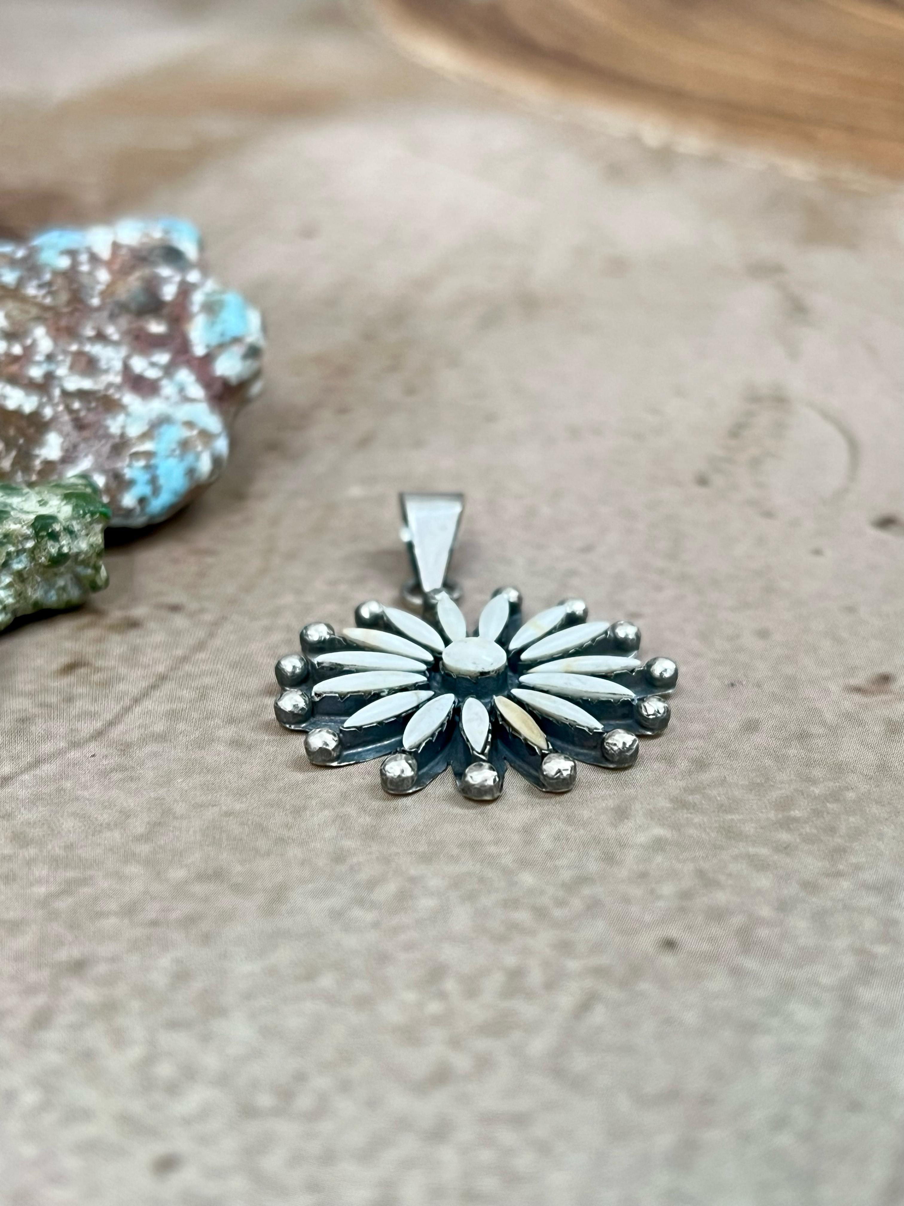 Handmade Sterling Silver White Buffalo Turquoise Pendant with Signed Nizhoni