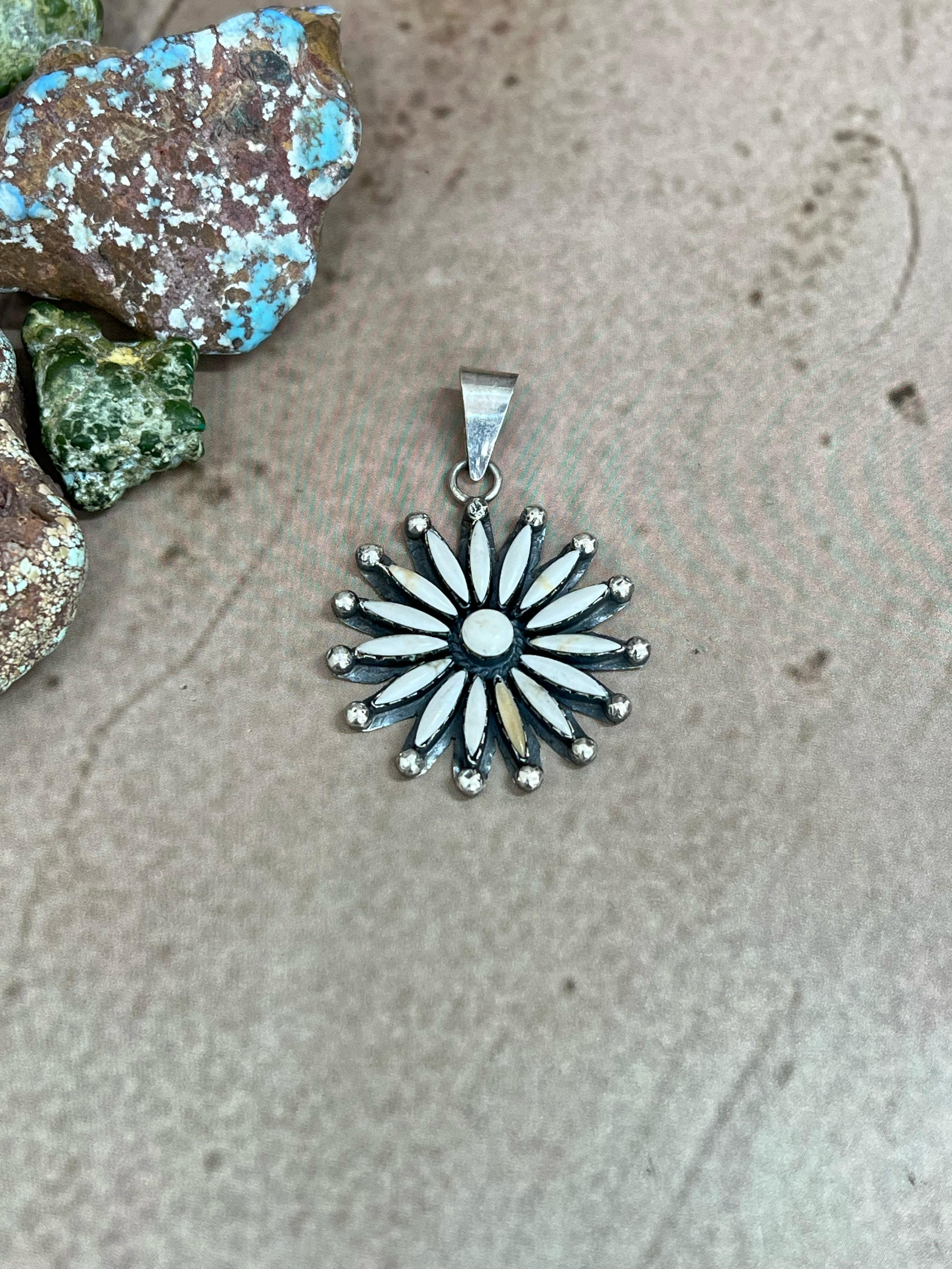 Handmade Sterling Silver White Buffalo Turquoise Pendant with Signed Nizhoni