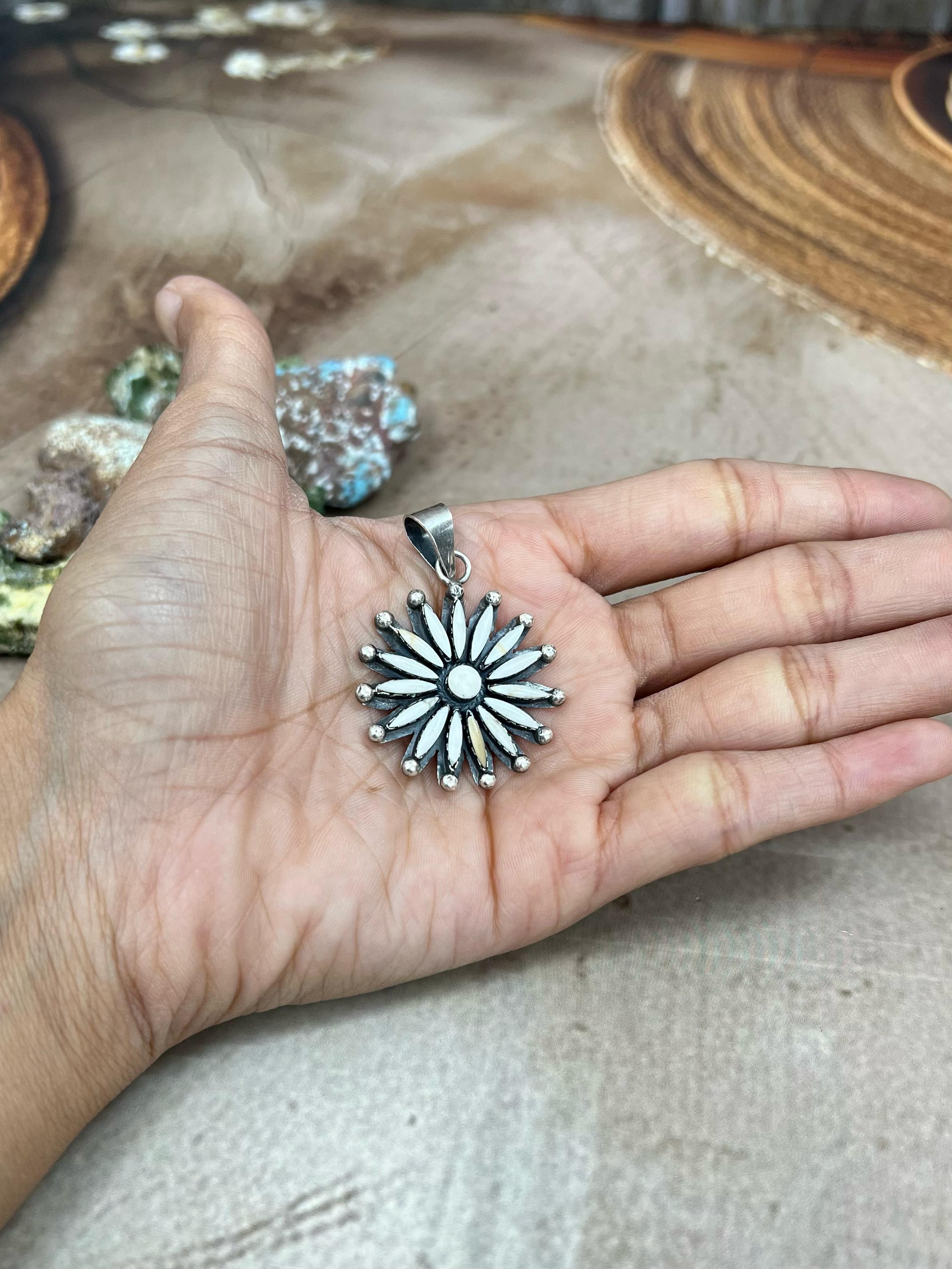 Handmade Sterling Silver White Buffalo Turquoise Pendant with Signed Nizhoni