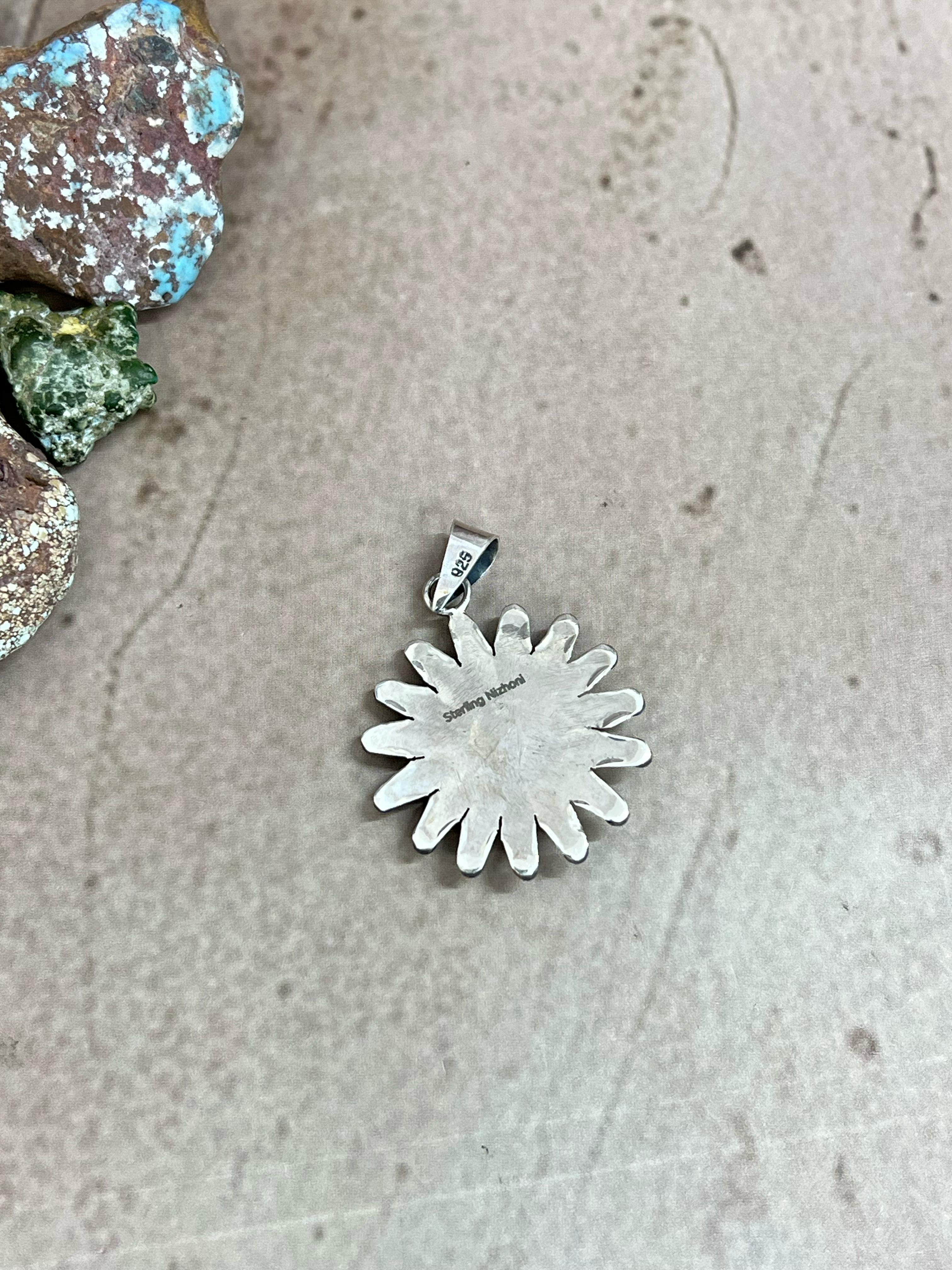 Handmade Sterling Silver White Buffalo Turquoise Pendant with Signed Nizhoni