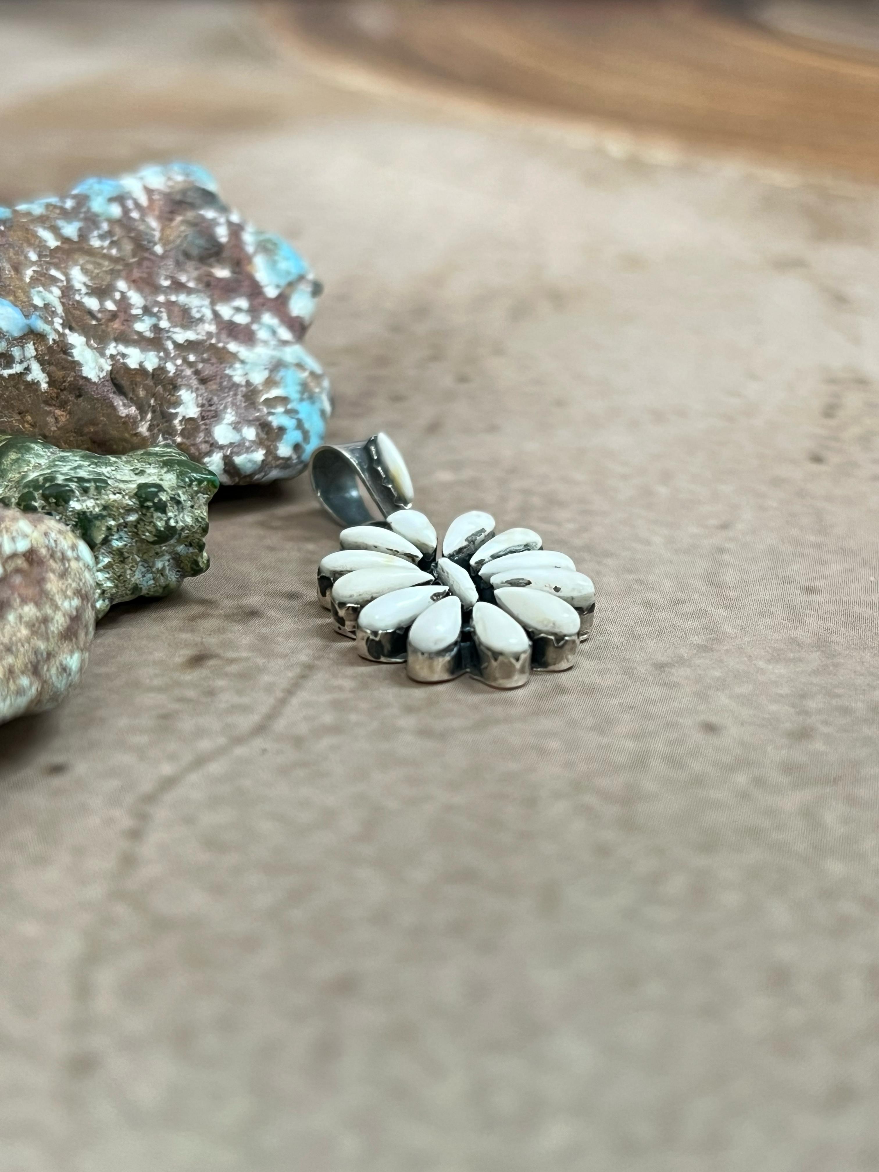 Handmade Sterling Silver White Buffalo Turquoise Pendant with Signed Nizhoni