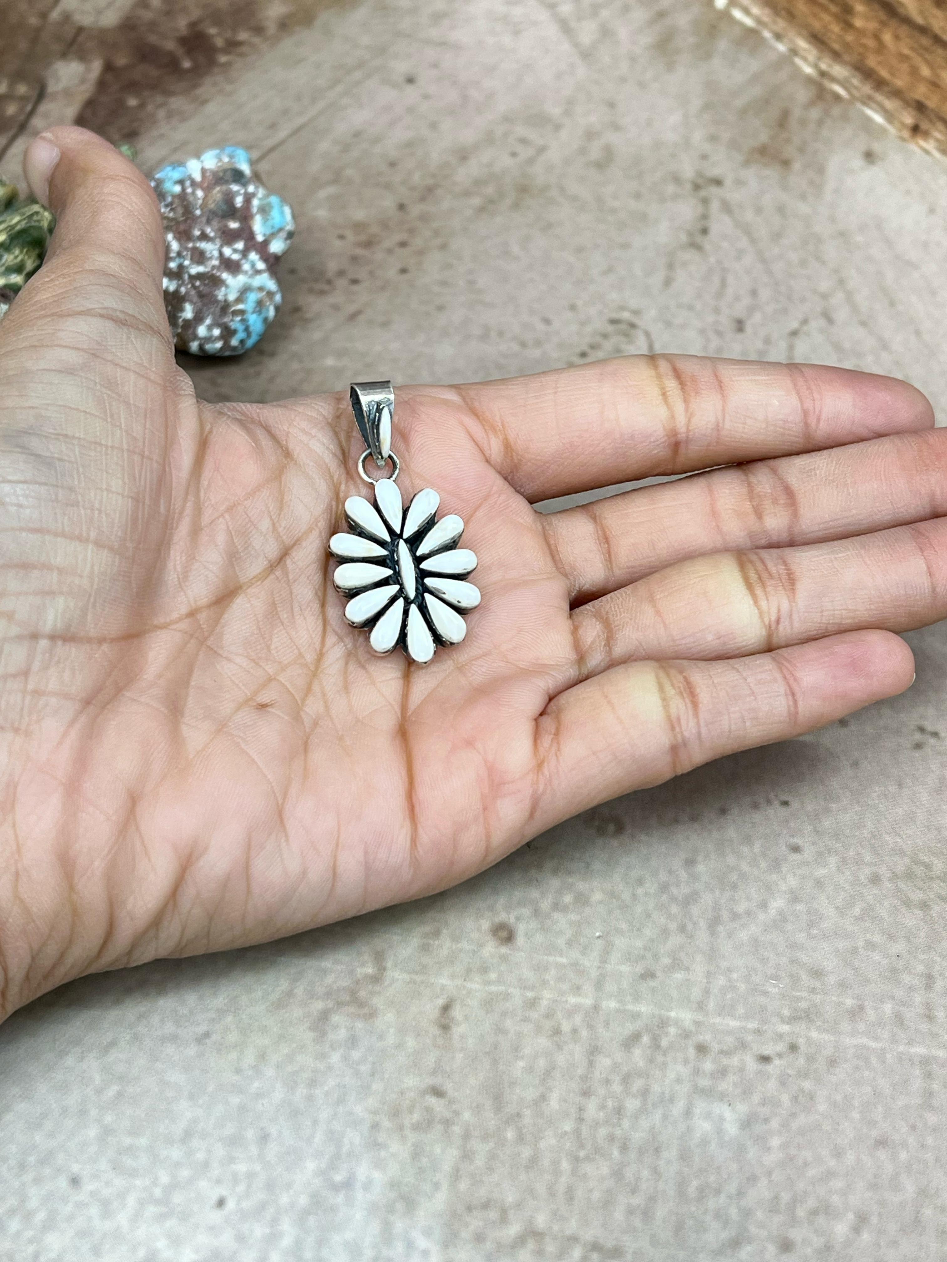 Handmade Sterling Silver White Buffalo Turquoise Pendant with Signed Nizhoni