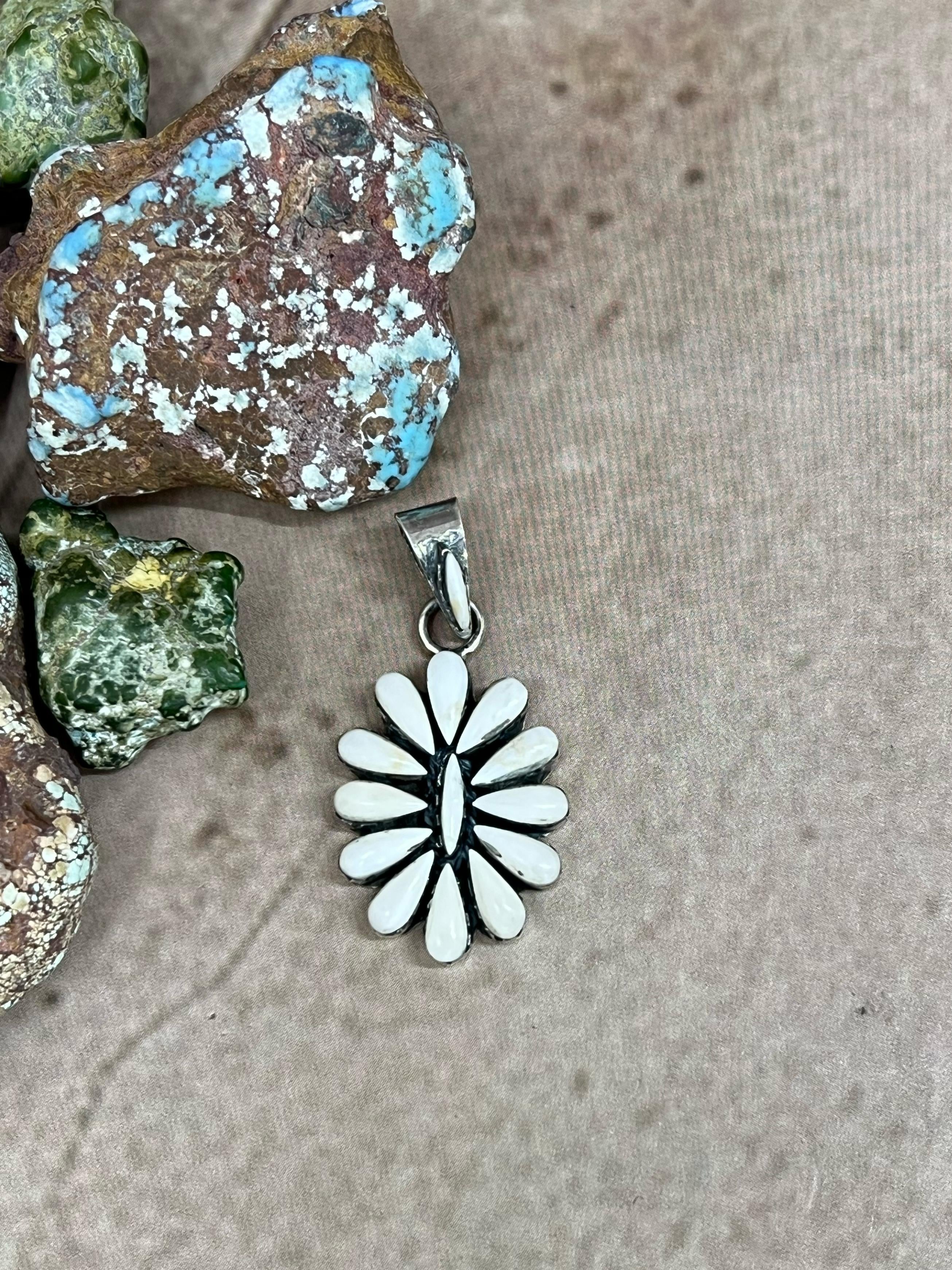 Handmade Sterling Silver White Buffalo Turquoise Pendant with Signed Nizhoni