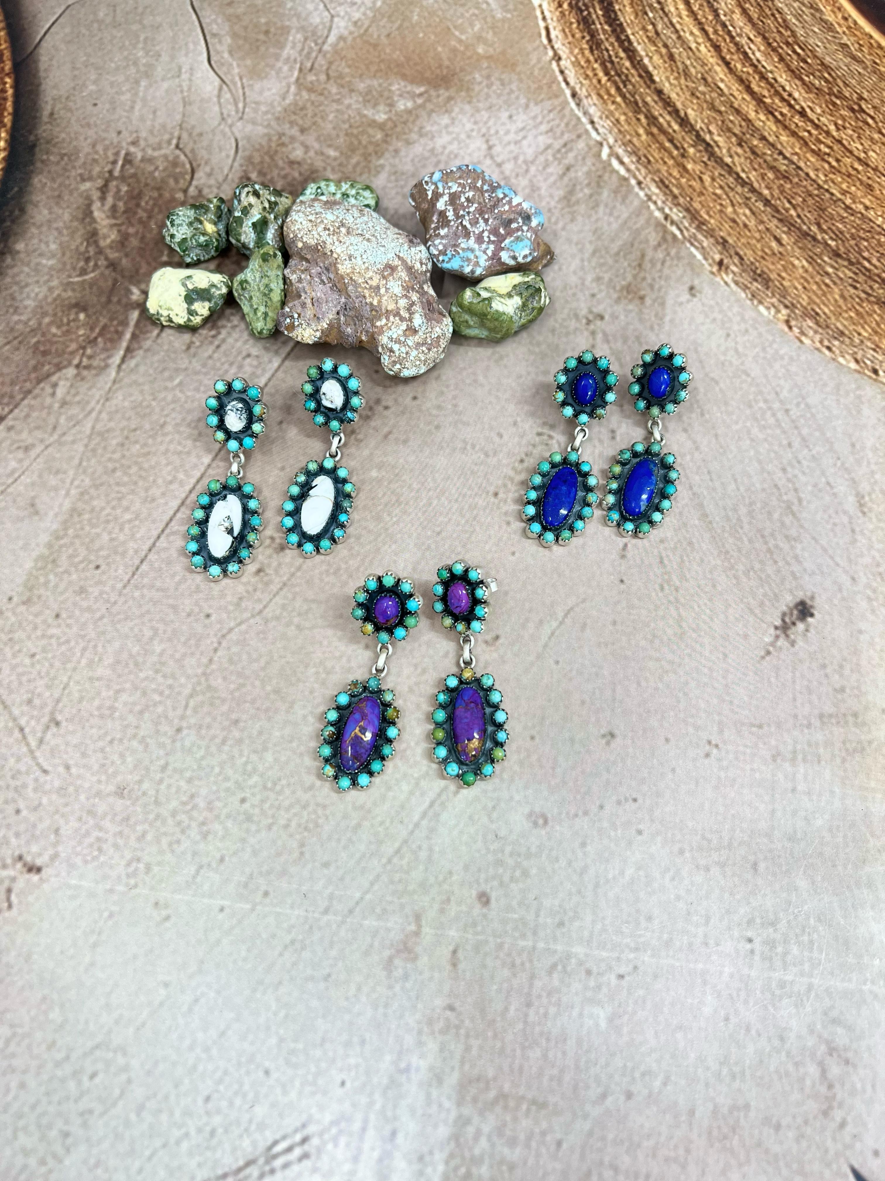 Handmade Sterling Silver Lapis, White Buffalo, Purple Kingman Mojave with Kingman Turquoise Dangle Earrings with Signed Nizhoni