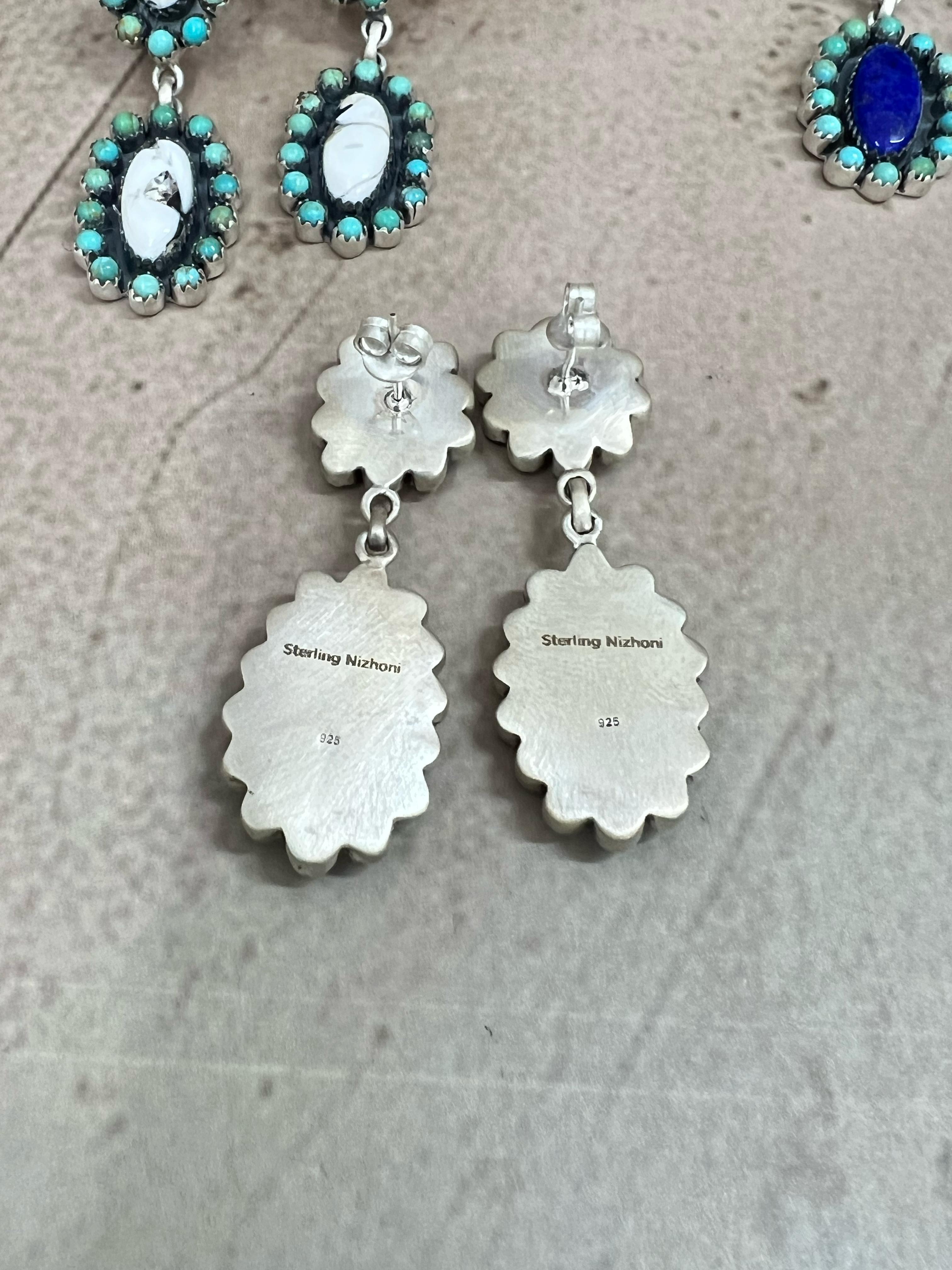 Handmade Sterling Silver Lapis, White Buffalo, Purple Kingman Mojave with Kingman Turquoise Dangle Earrings with Signed Nizhoni