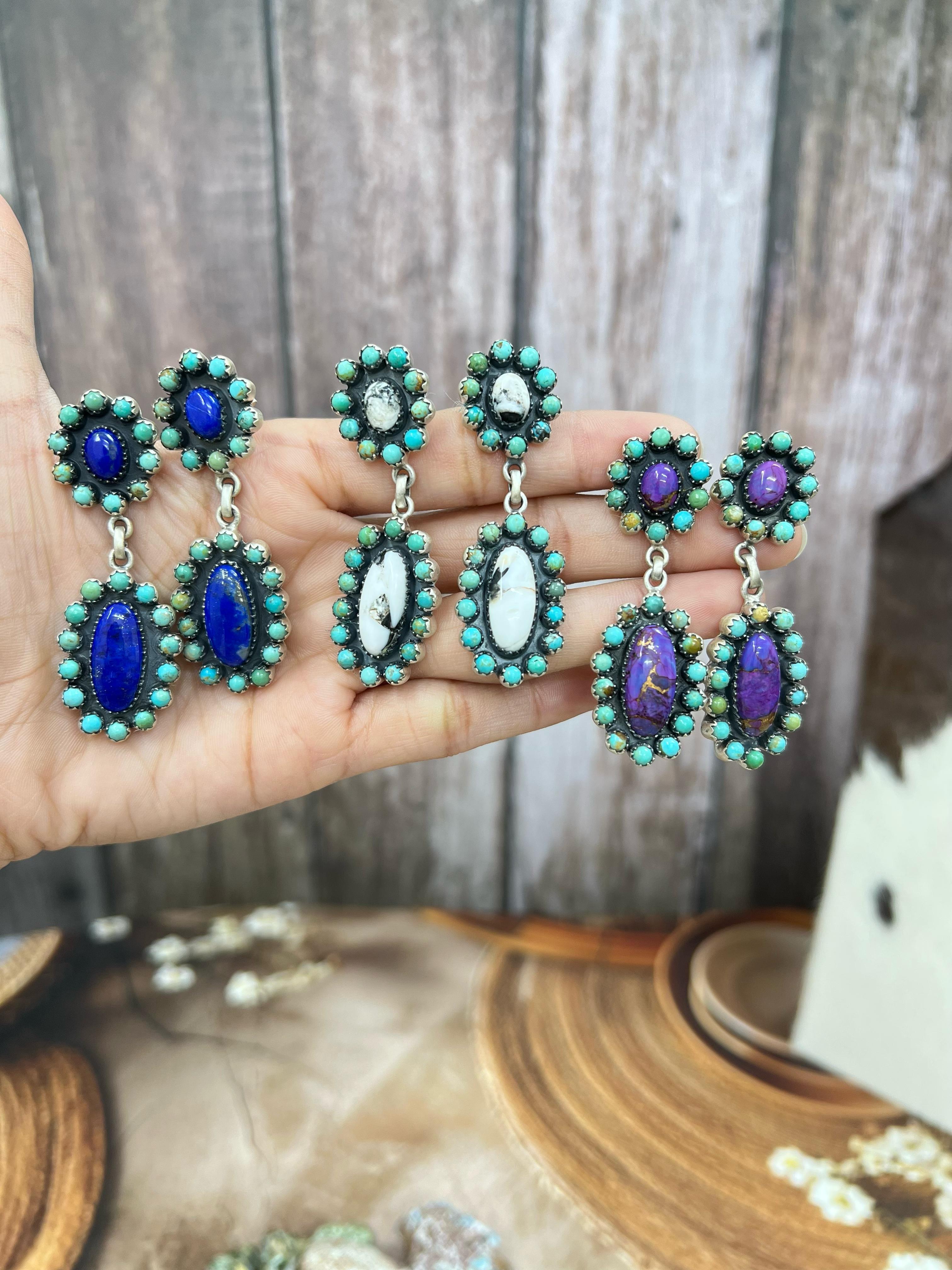 Handmade Sterling Silver Lapis, White Buffalo, Purple Kingman Mojave with Kingman Turquoise Dangle Earrings with Signed Nizhoni