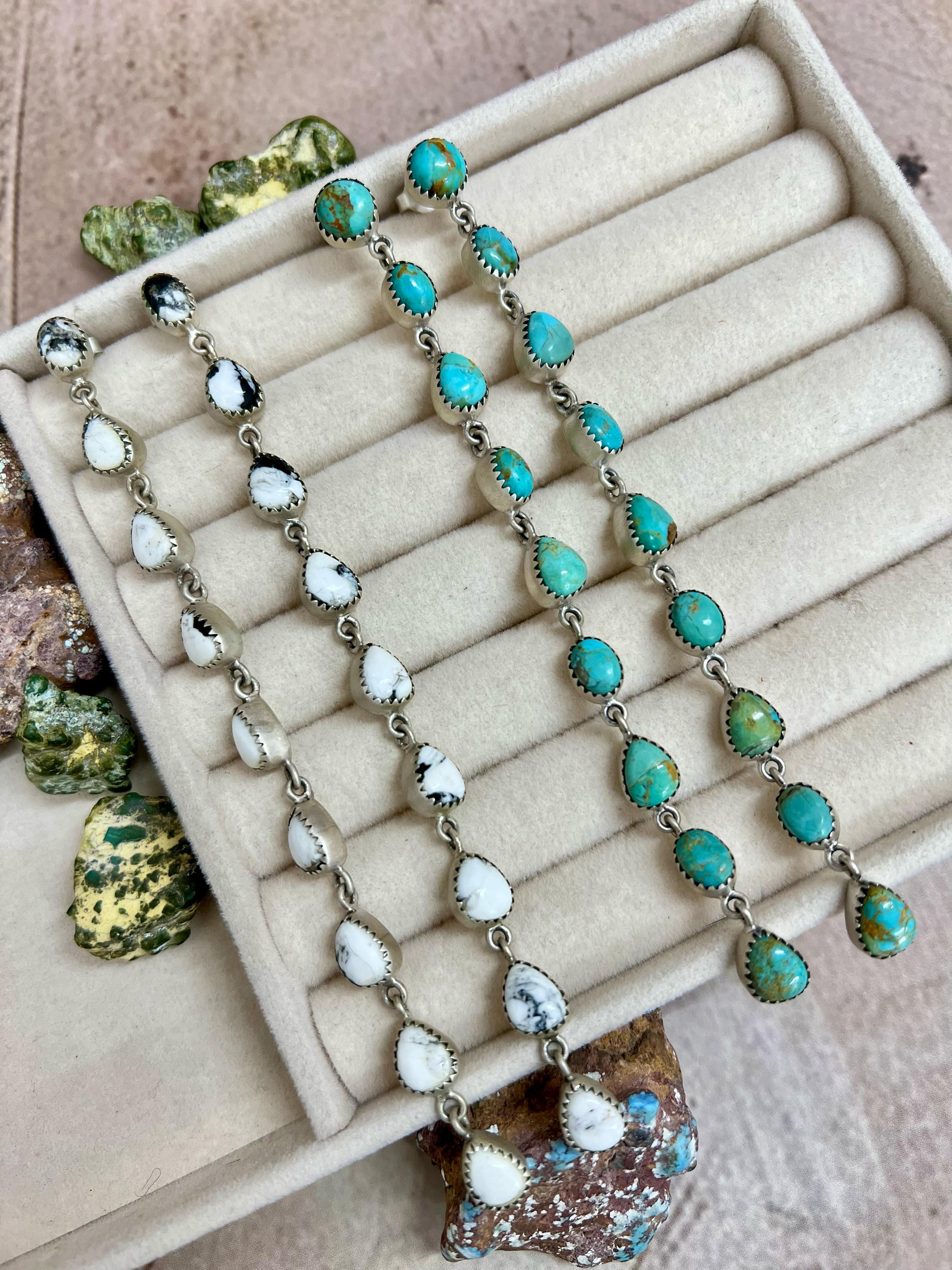 Handmade Sterling Silver White Buffalo, Kingman Turquoise Earrings with Signed Nizhoni