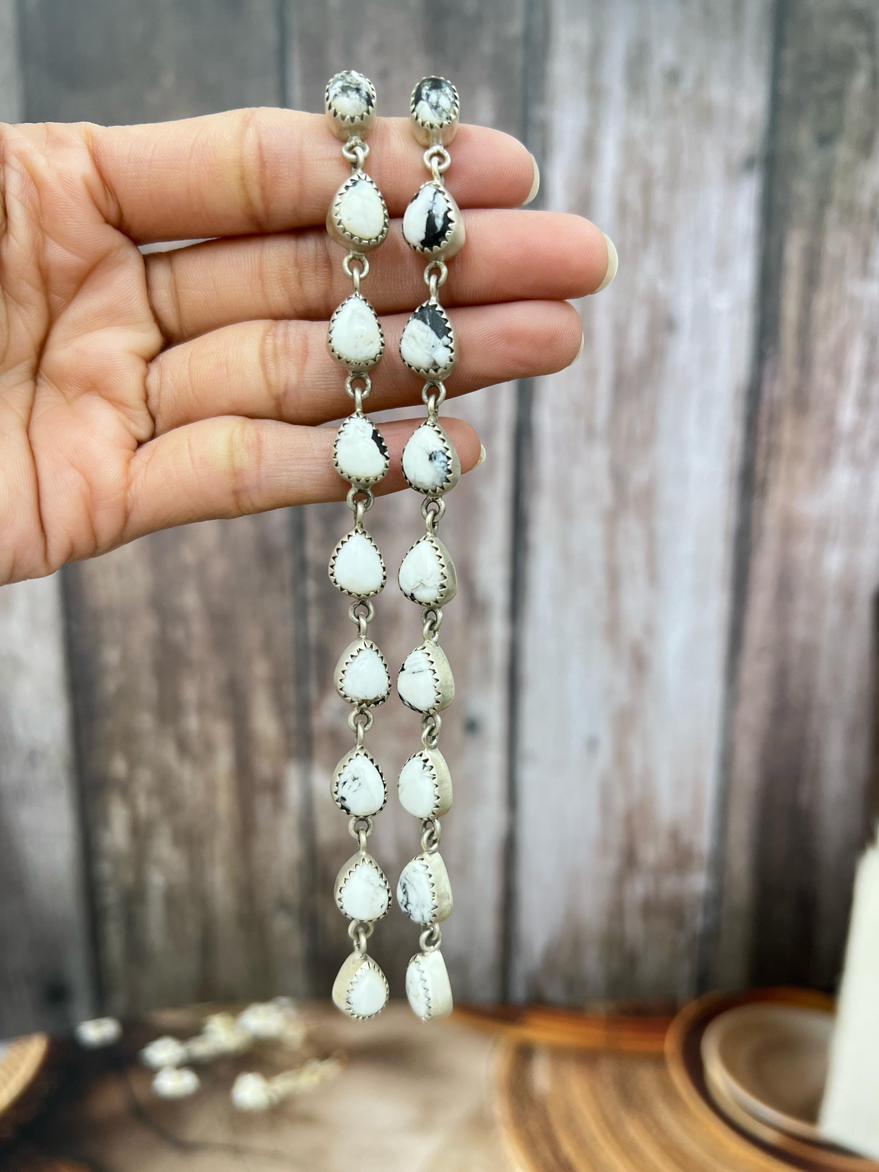 Handmade Sterling Silver White Buffalo, Kingman Turquoise Earrings with Signed Nizhoni