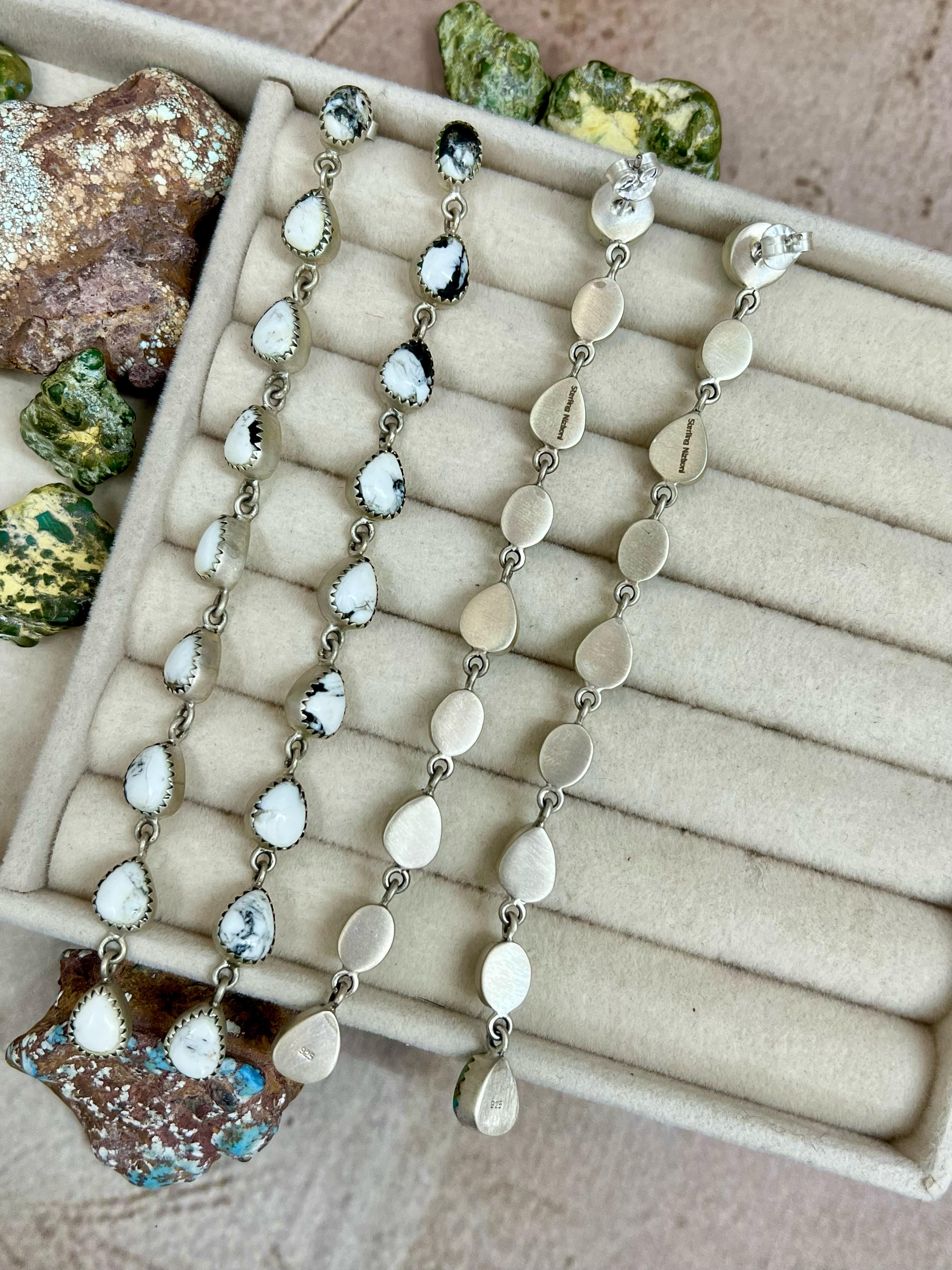 Handmade Sterling Silver White Buffalo, Kingman Turquoise Earrings with Signed Nizhoni