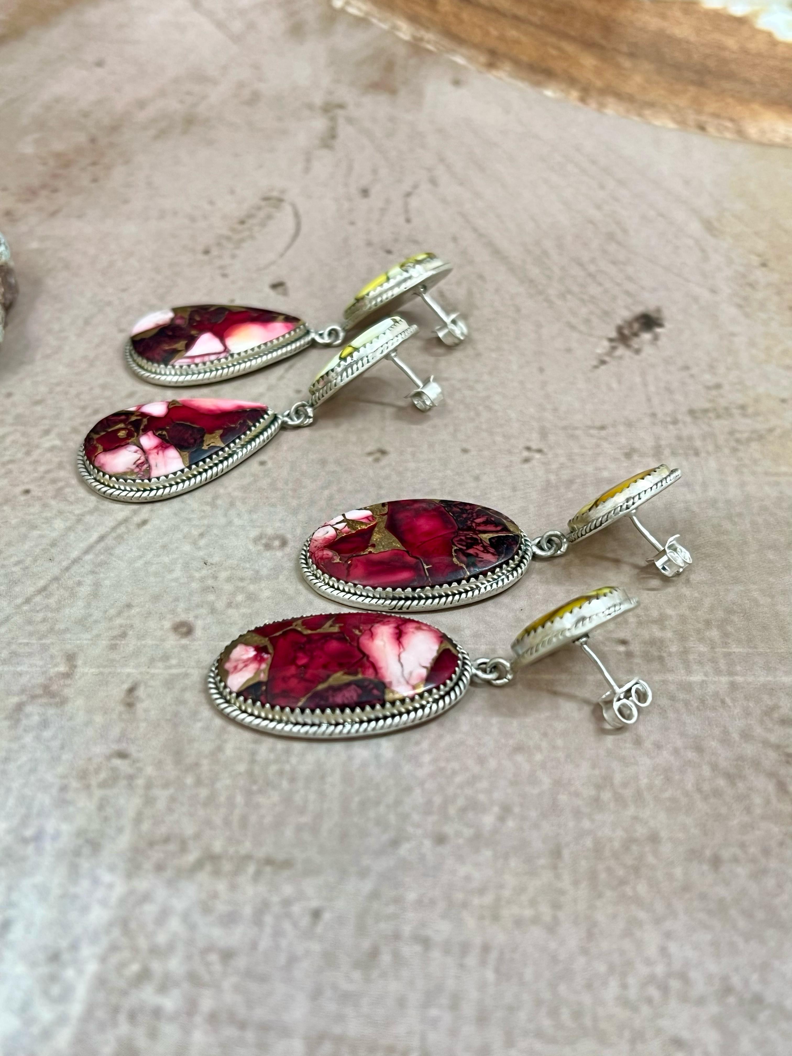 Handmade Sterling Silver Honey Dahlia with Dahlia Rose Dangle Earrings with Signed Nizhoni