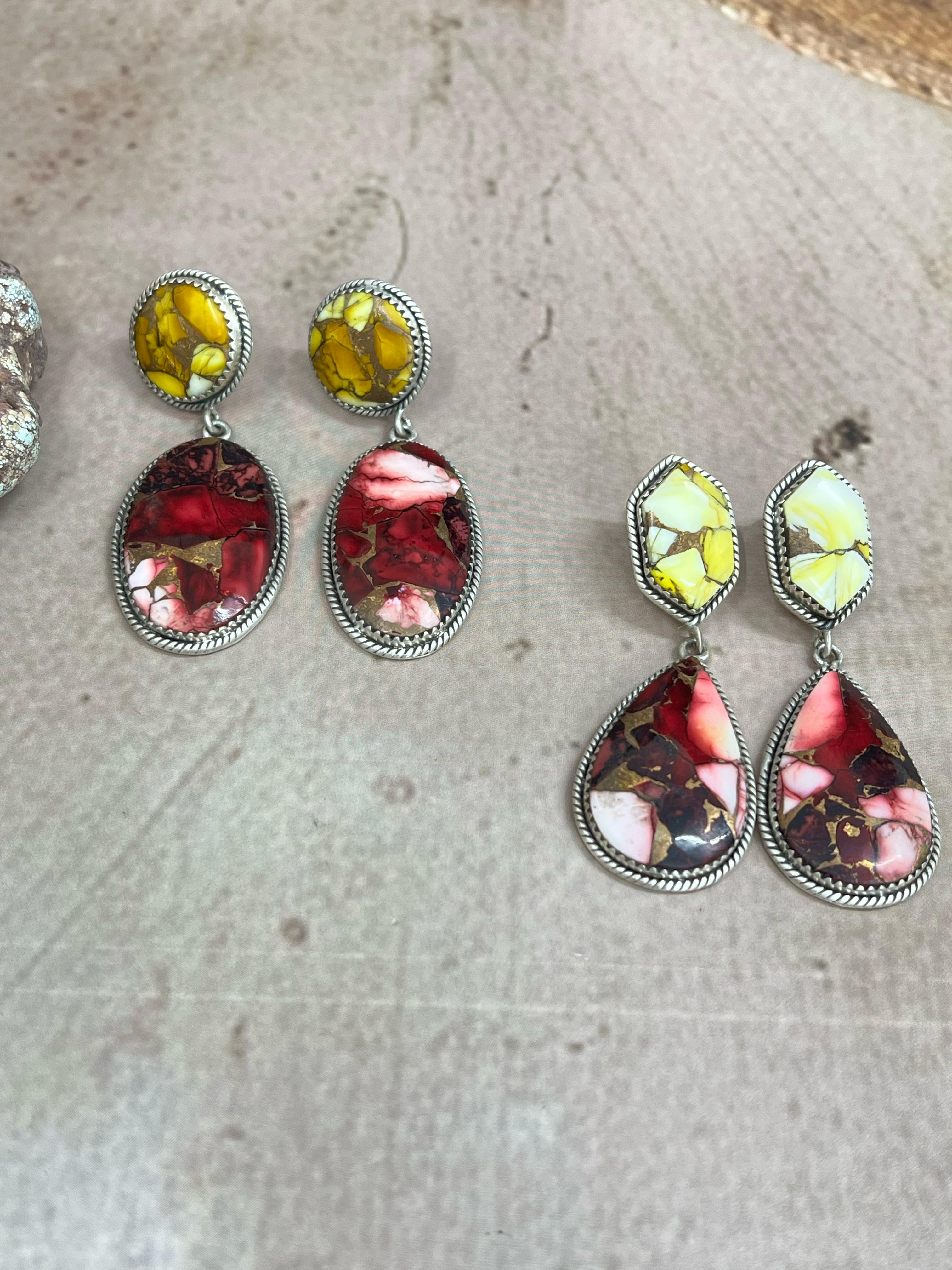 Handmade Sterling Silver Honey Dahlia with Dahlia Rose Dangle Earrings with Signed Nizhoni