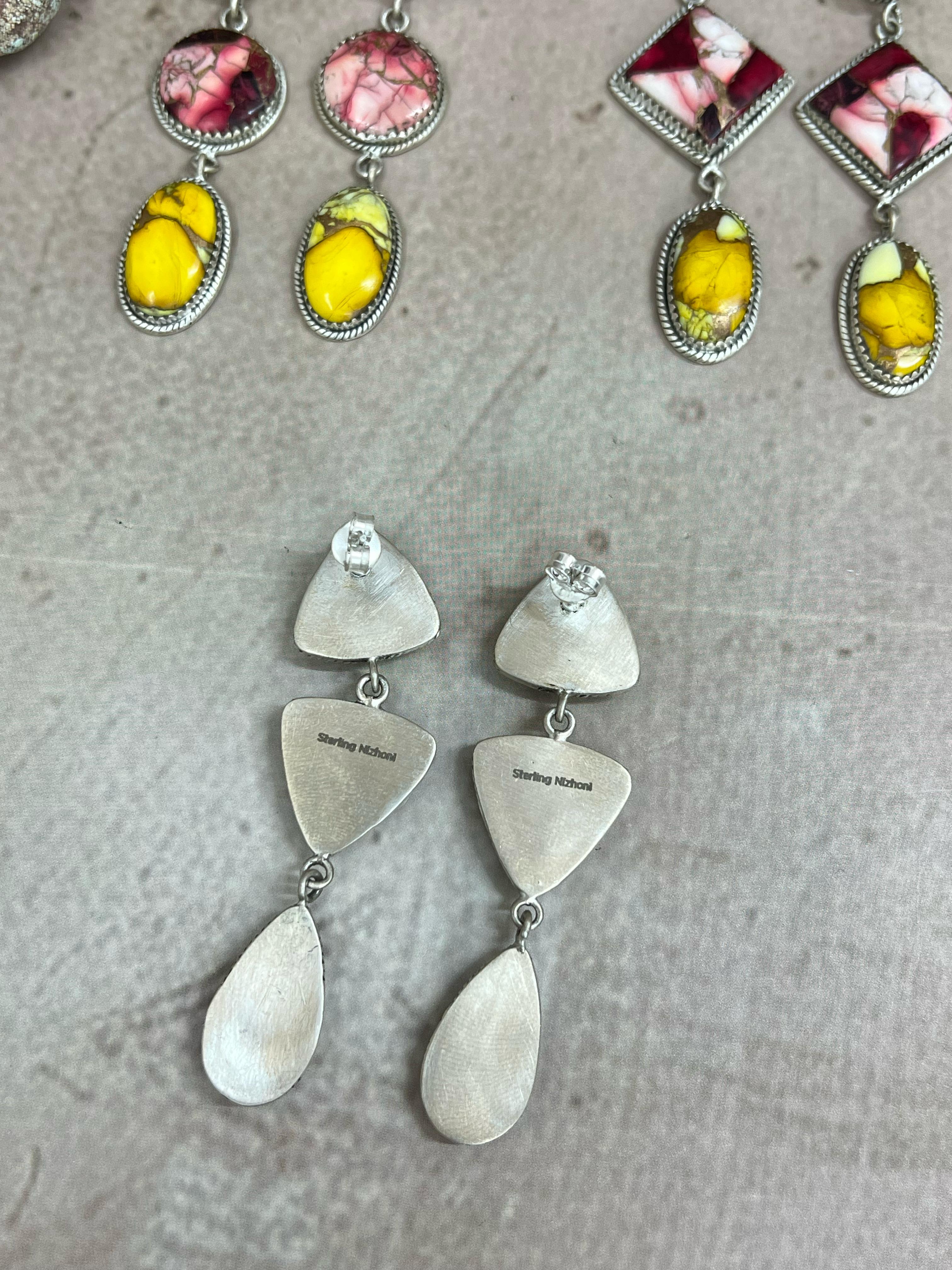 Handmade Sterling Silver Honey Dahlia with Dahlia Rose Dangle Earrings with Signed Nizhoni