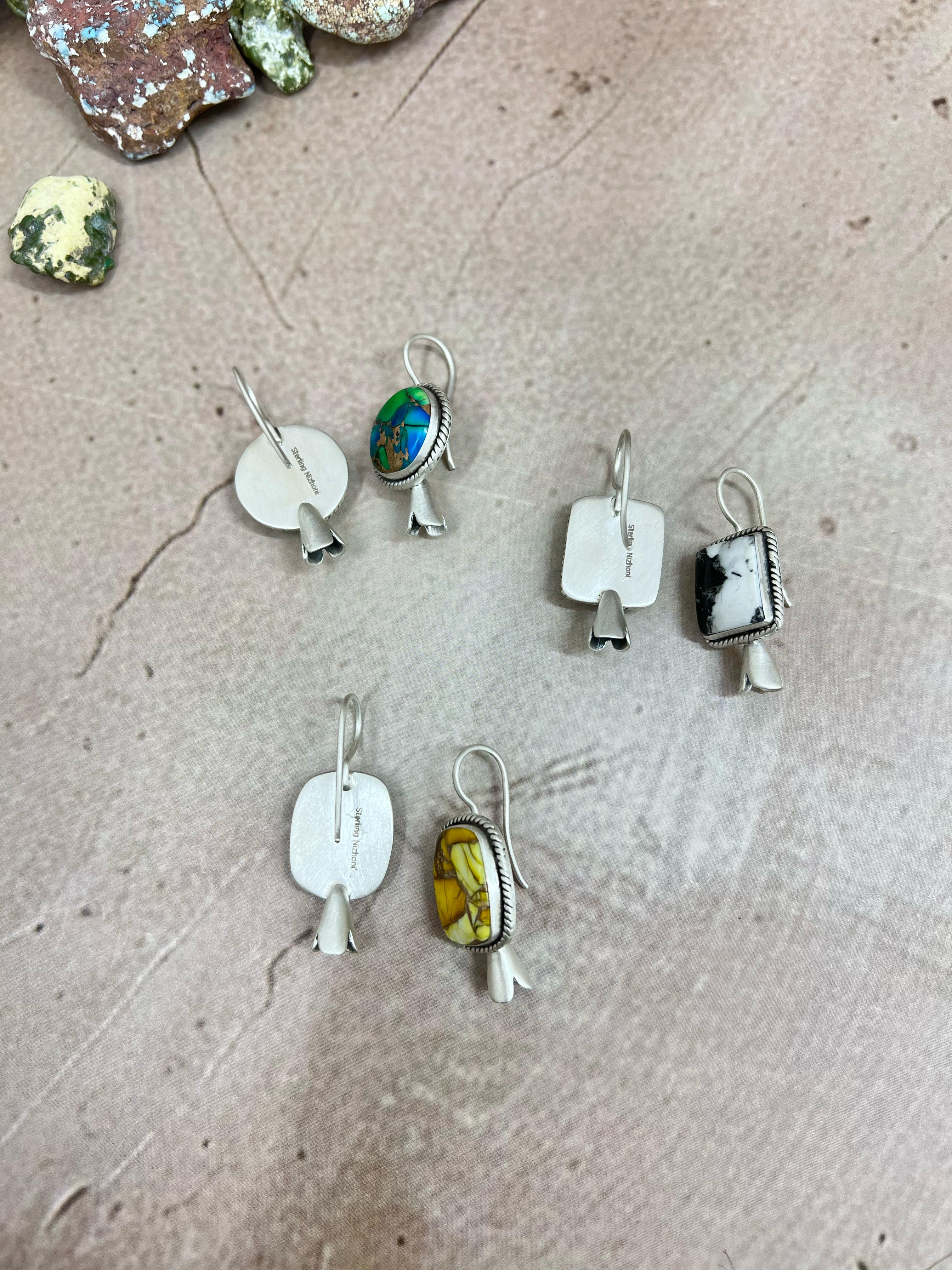 Handmade Sterling Silver Peacock Dahlia, White Buffalo Turquoise, Honey Dahlia Blossom Dangle Earrings with Signed Nizhoni