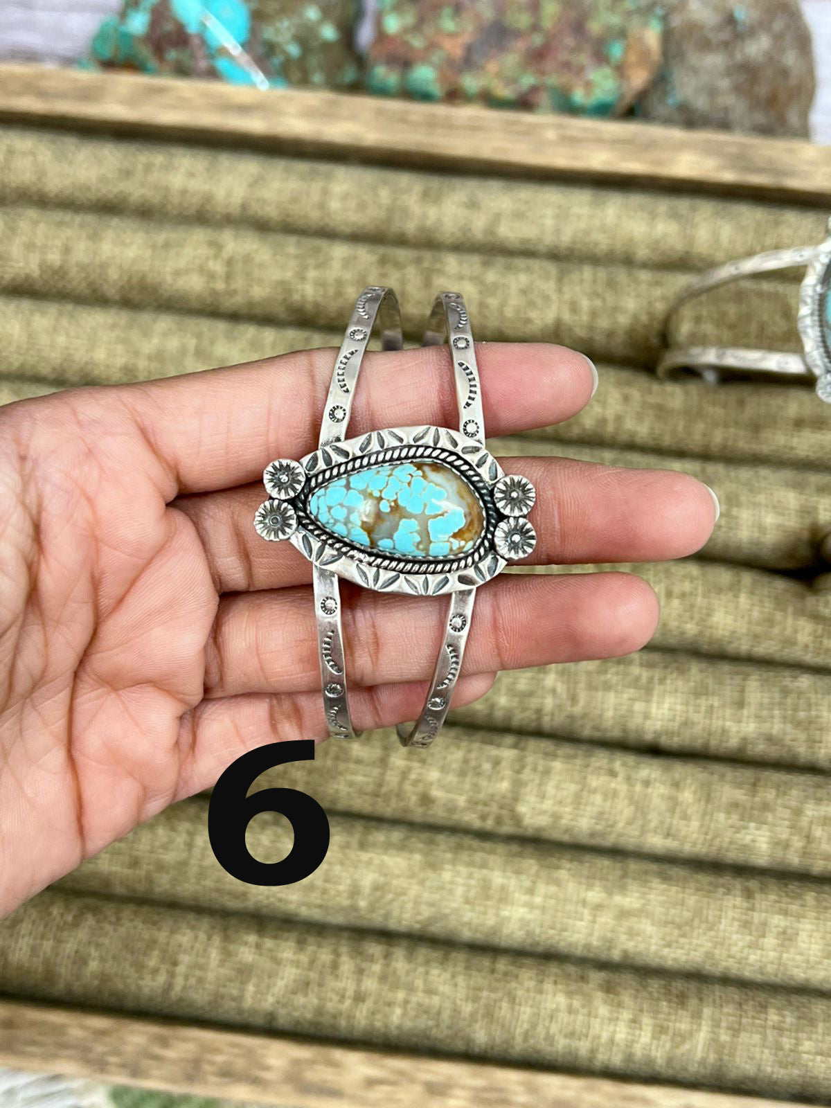 Handmade Sterling Silver Number 8 Turquoise Cuff Bracelet with Signed Nizhoni