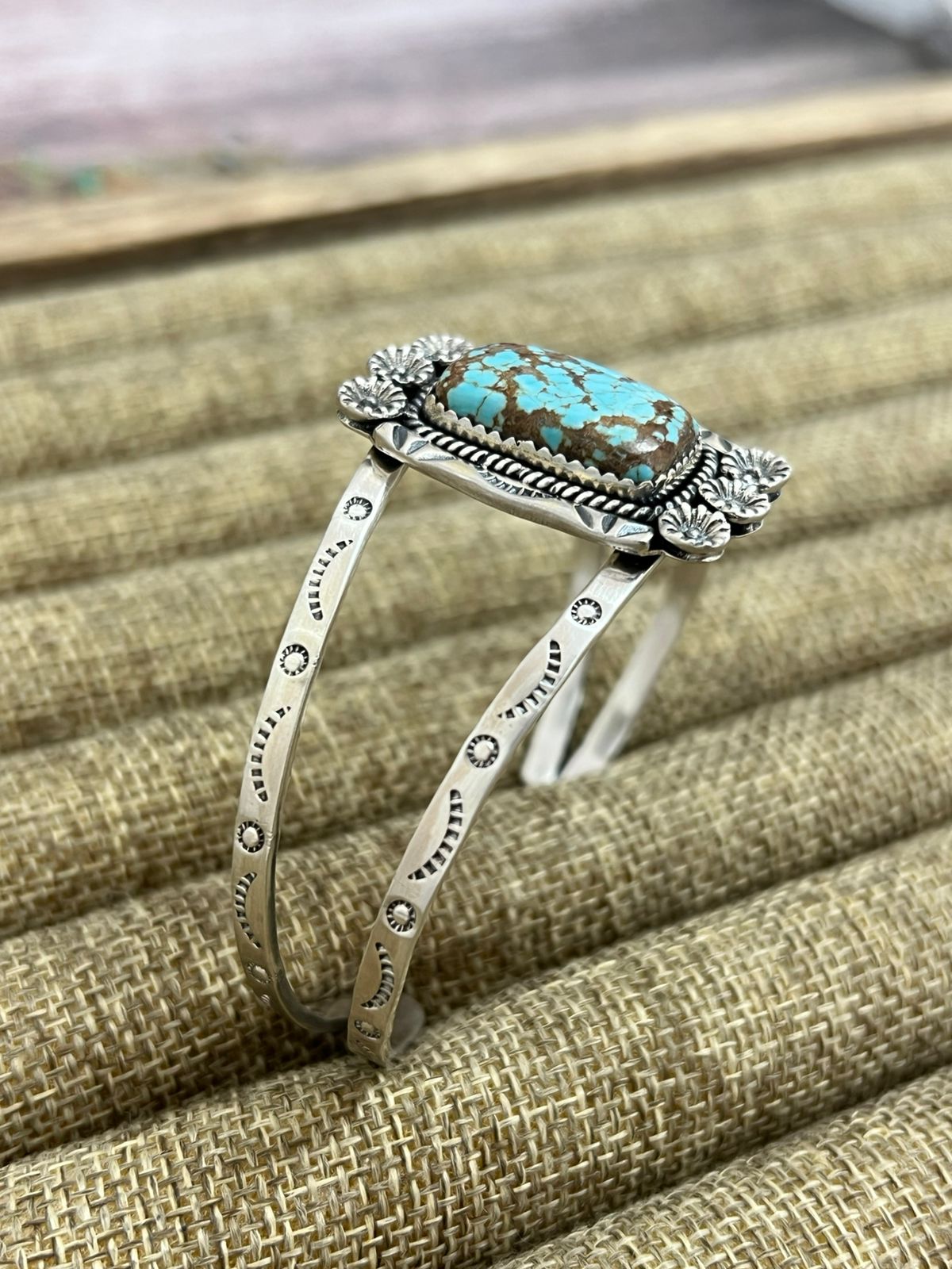 Handmade Sterling Silver Number 8 Turquoise Cuff Bracelet with Signed Nizhoni