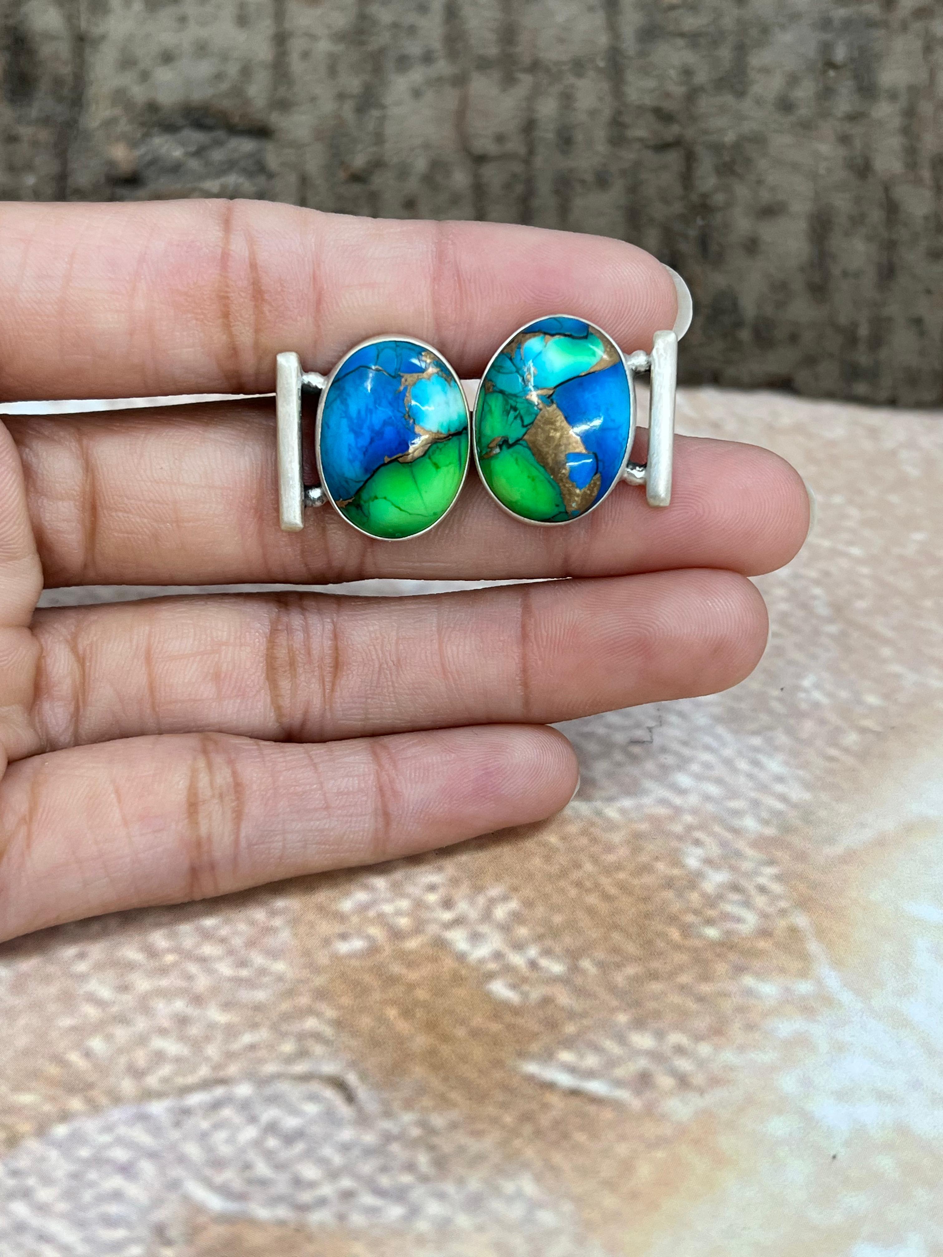 Handmade Sterling Silver Peacock Dahlia Post Earrings with Signed Nizhoni