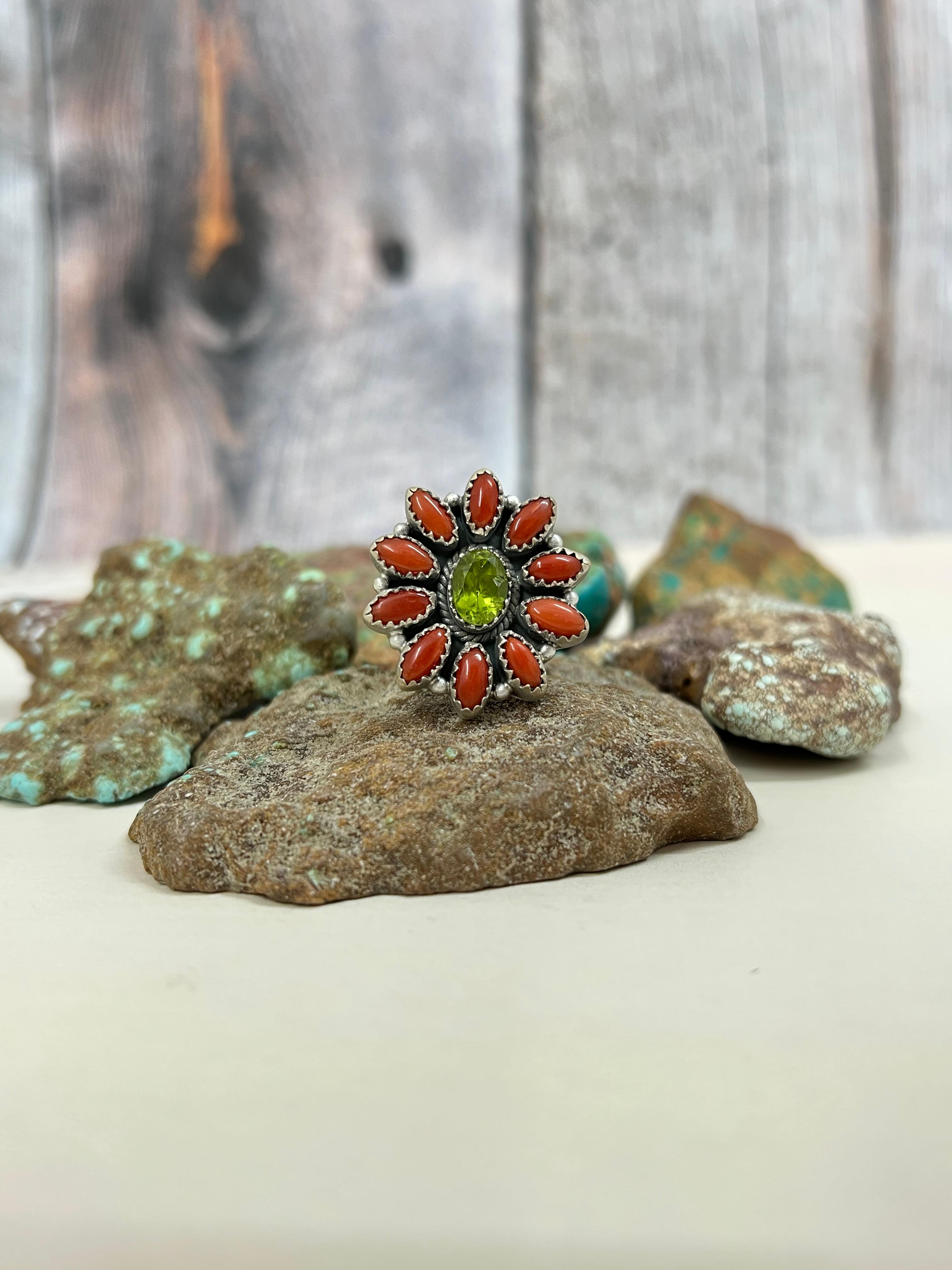 Christmas Collection Handmade Sterling Silver Coral with Peridot Adjustable Ring with Signed Nizhoni