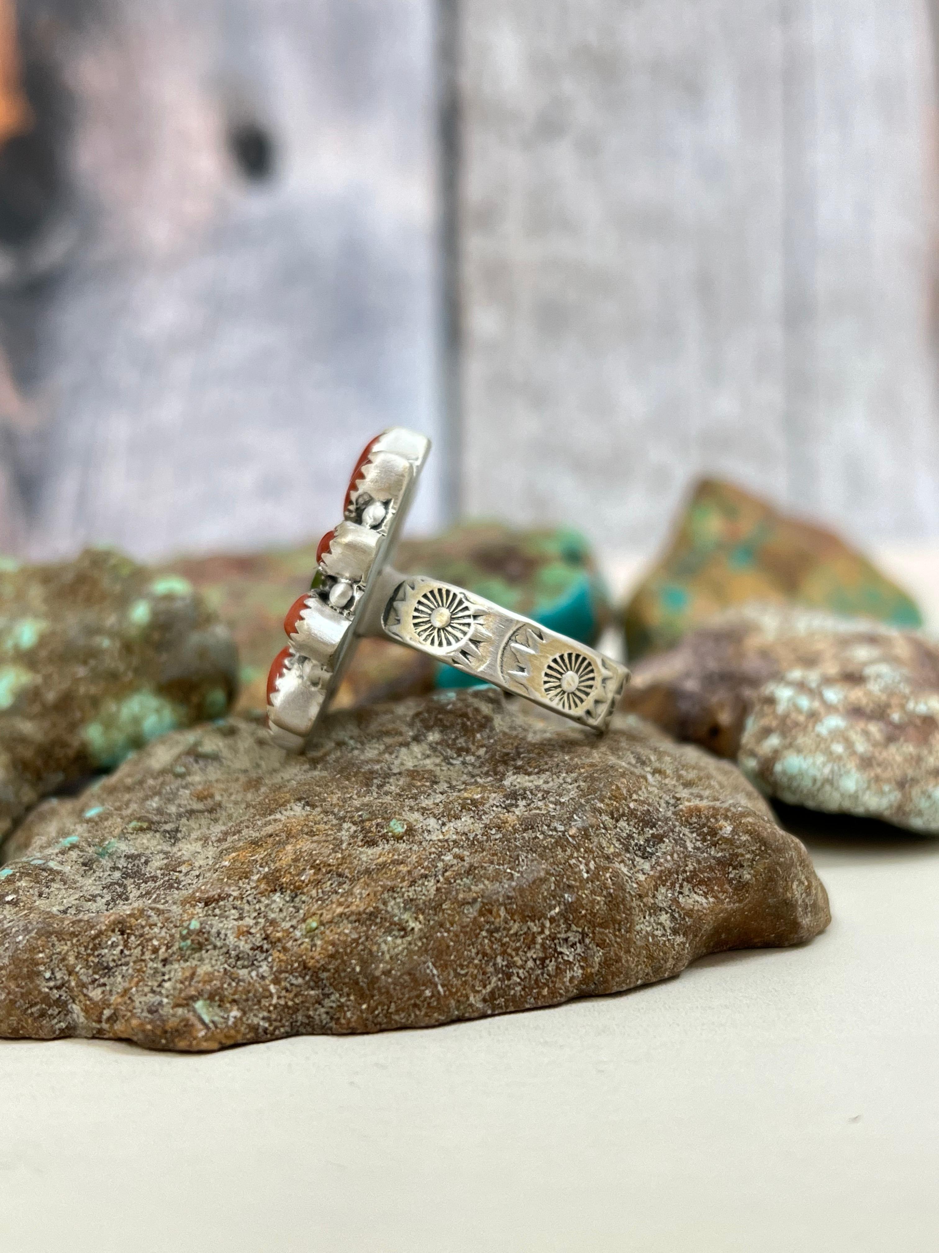 Christmas Collection Handmade Sterling Silver Coral with Peridot Adjustable Ring with Signed Nizhoni