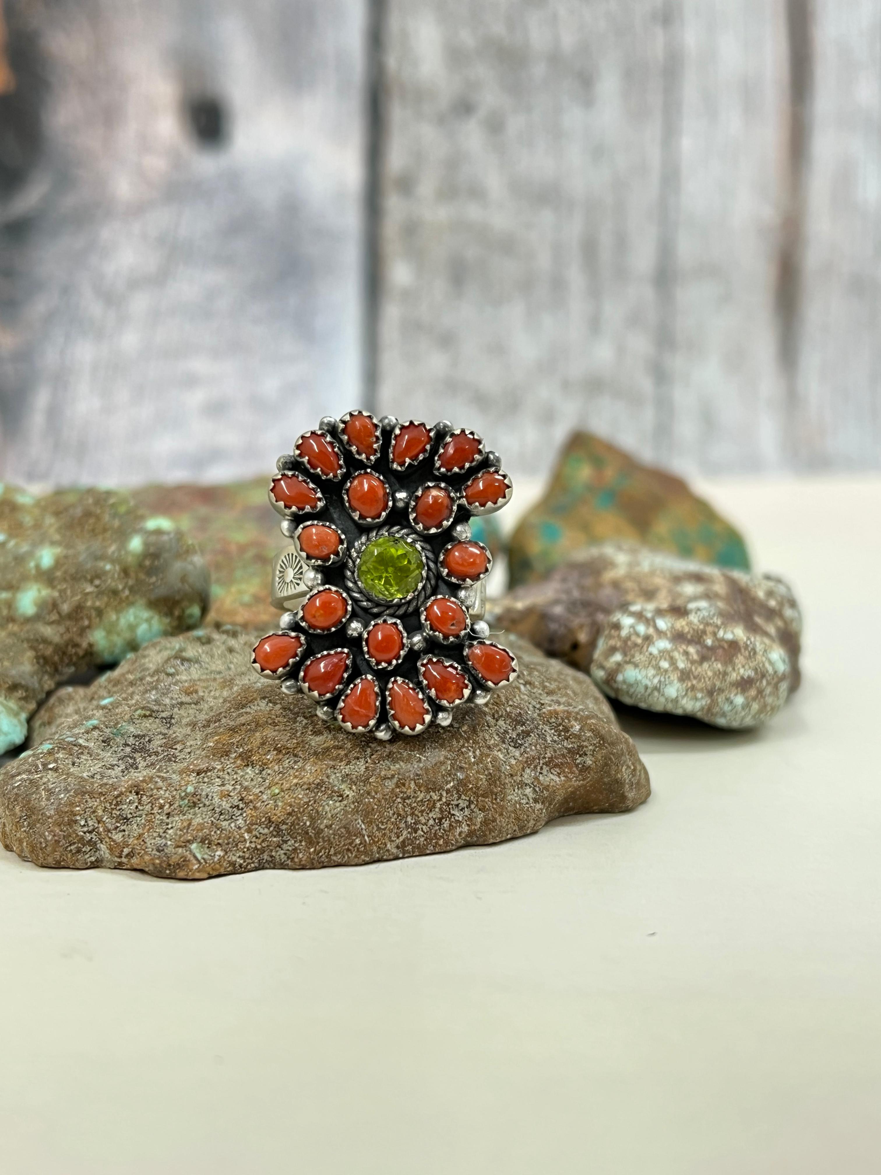 Christmas Collection Handmade Sterling Silver Coral with Peridot Adjustable Ring with Signed Nizhoni