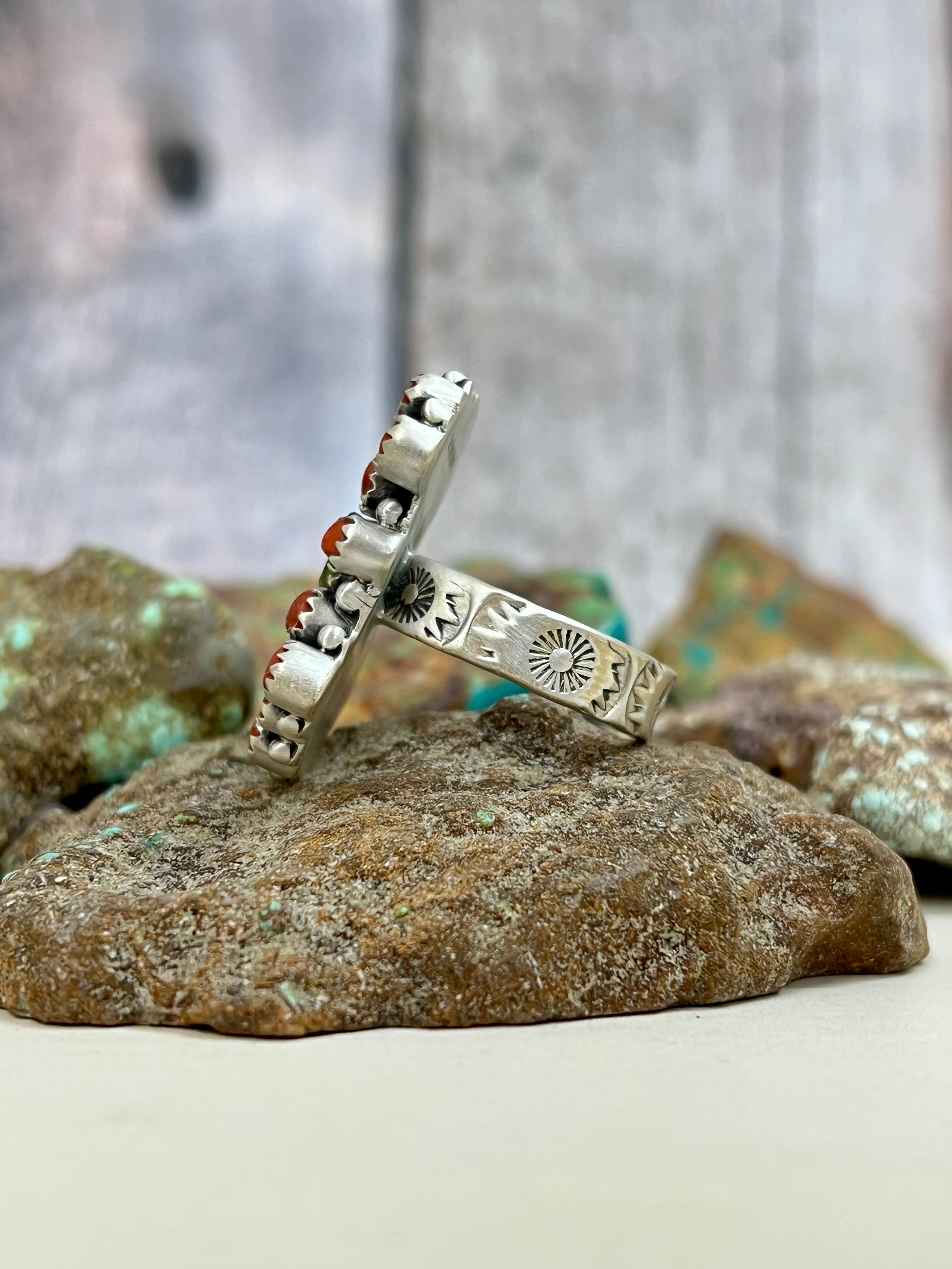 Christmas Collection Handmade Sterling Silver Coral with Peridot Adjustable Ring with Signed Nizhoni