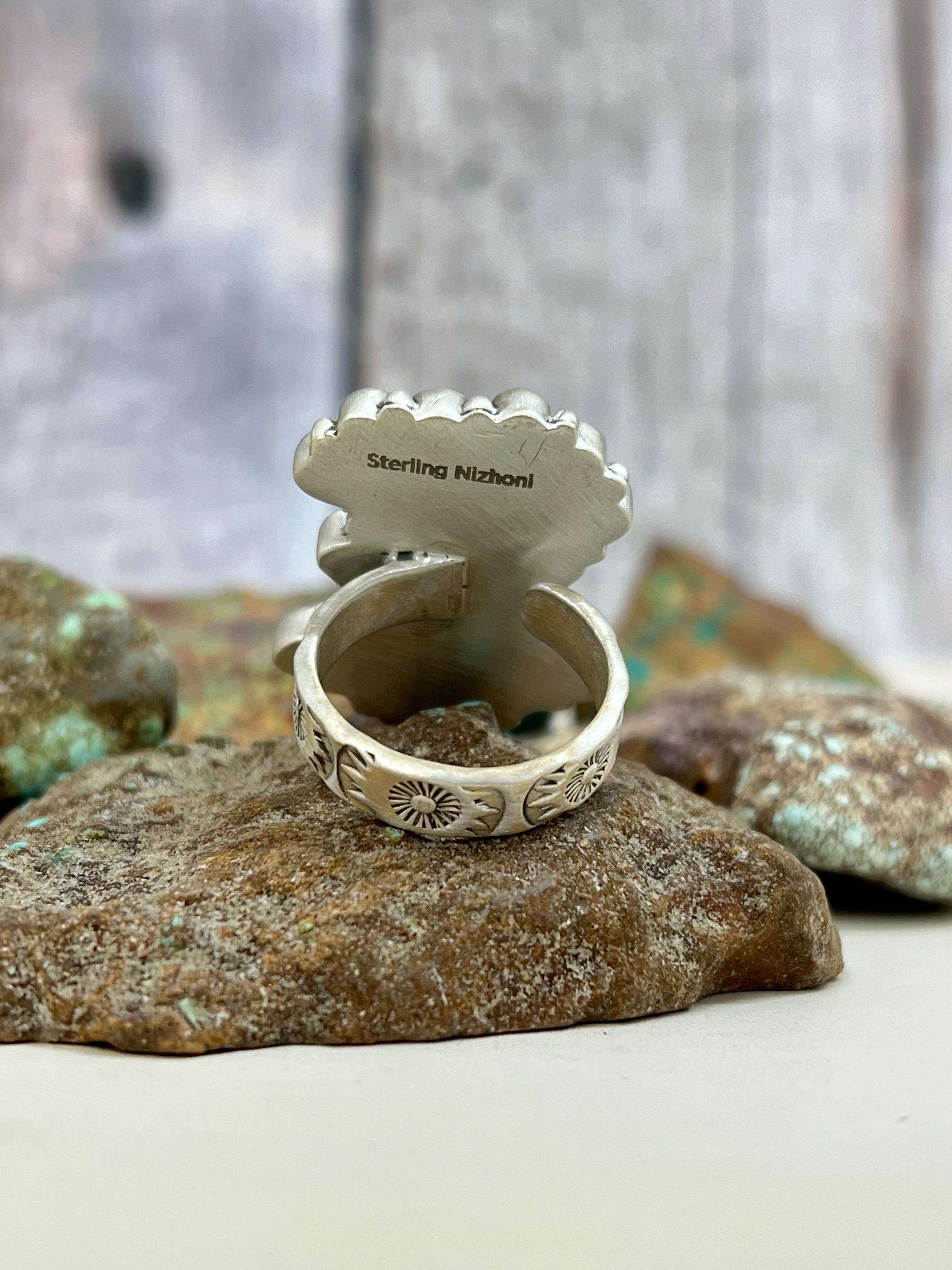 Christmas Collection Handmade Sterling Silver Coral with Peridot Adjustable Ring with Signed Nizhoni