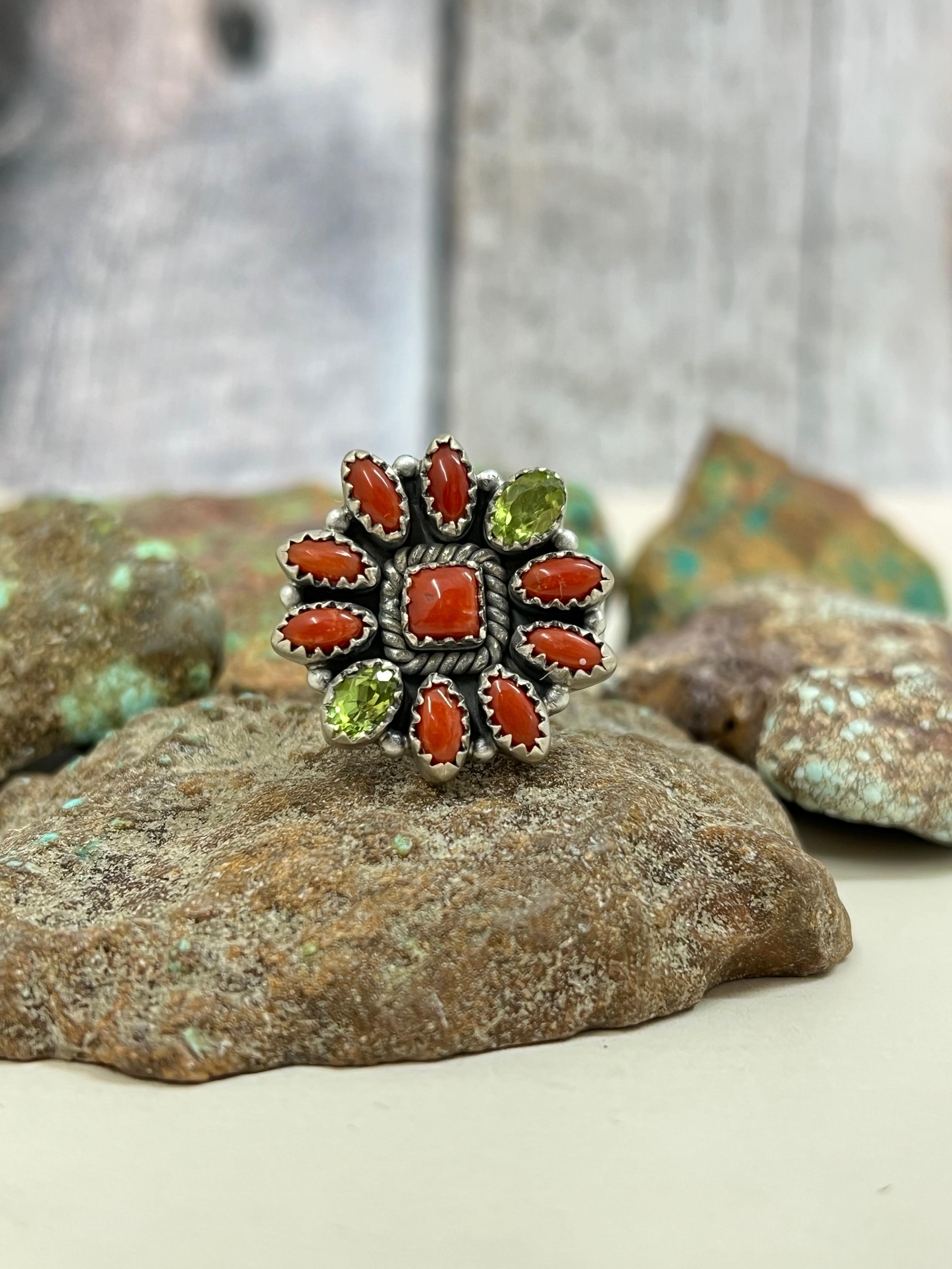 Christmas Collection Handmade Sterling Silver Coral with Peridot Adjustable Ring with Signed Nizhoni