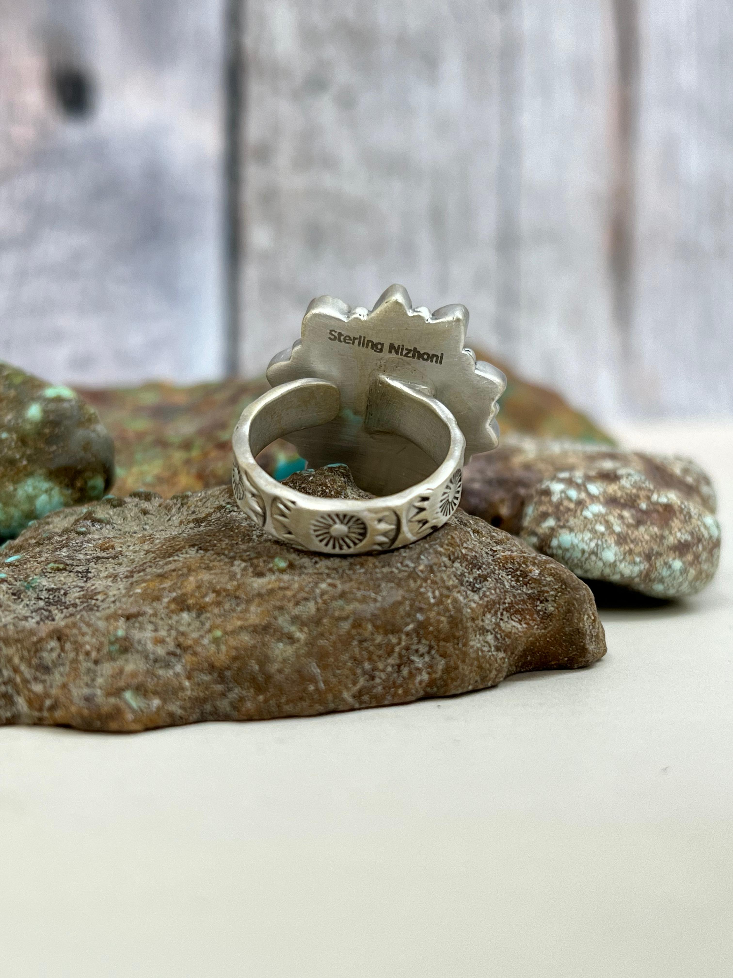Christmas Collection Handmade Sterling Silver Coral with Peridot Adjustable Ring with Signed Nizhoni