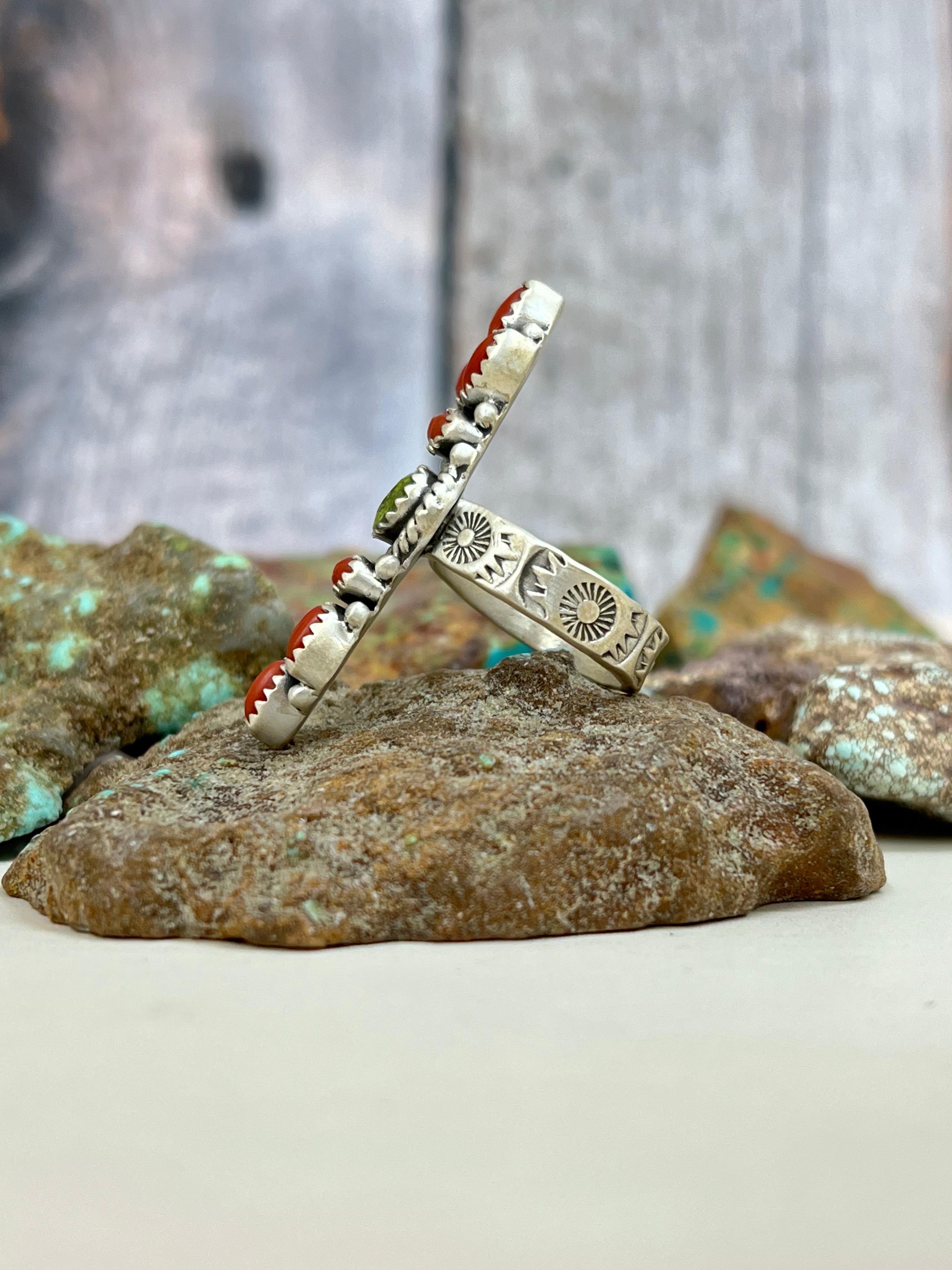 Christmas Collection Handmade Sterling Silver Coral with Peridot Adjustable Ring with Signed Nizhoni