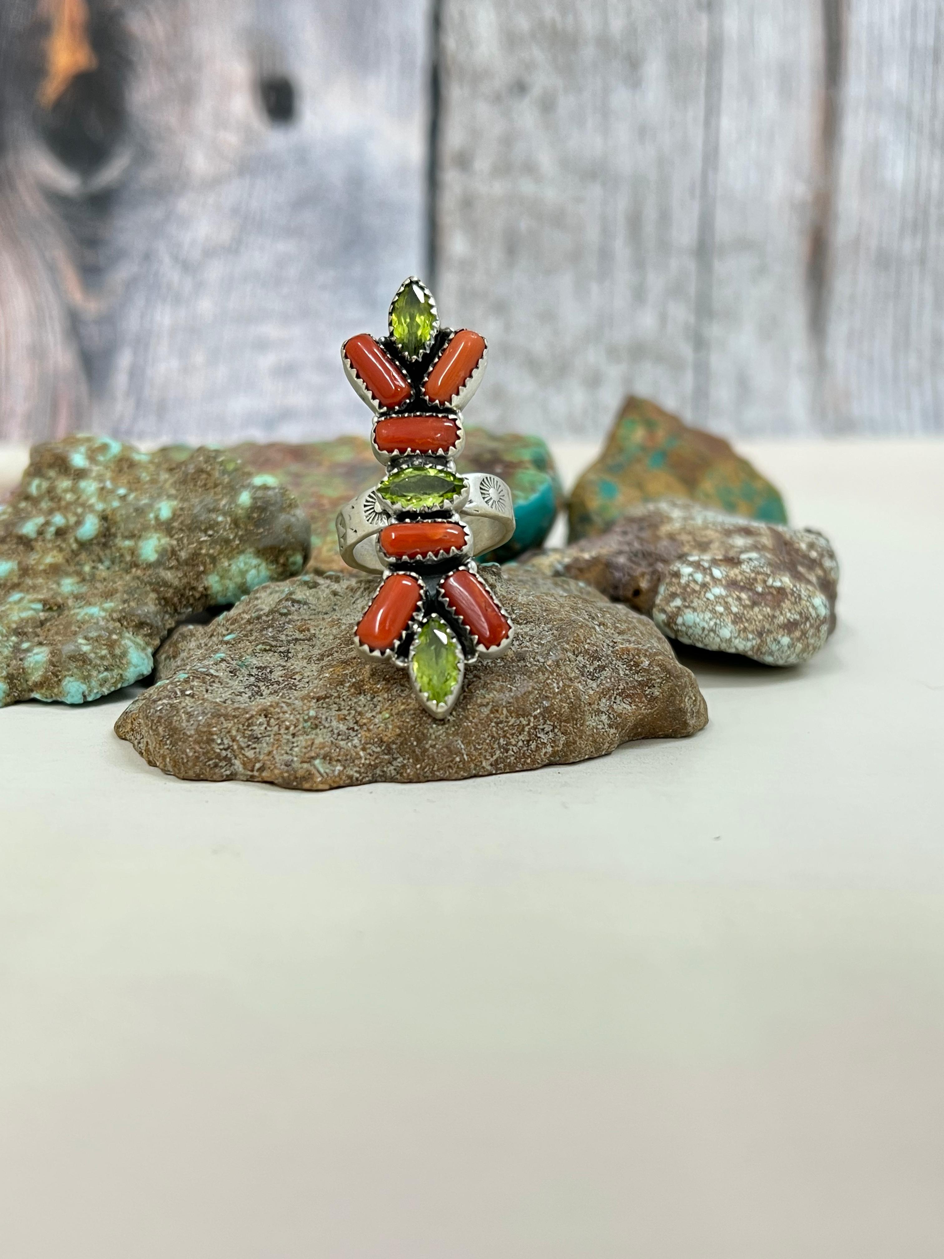 Christmas Collection Handmade Sterling Silver Coral with Peridot Adjustable Ring with Signed Nizhoni