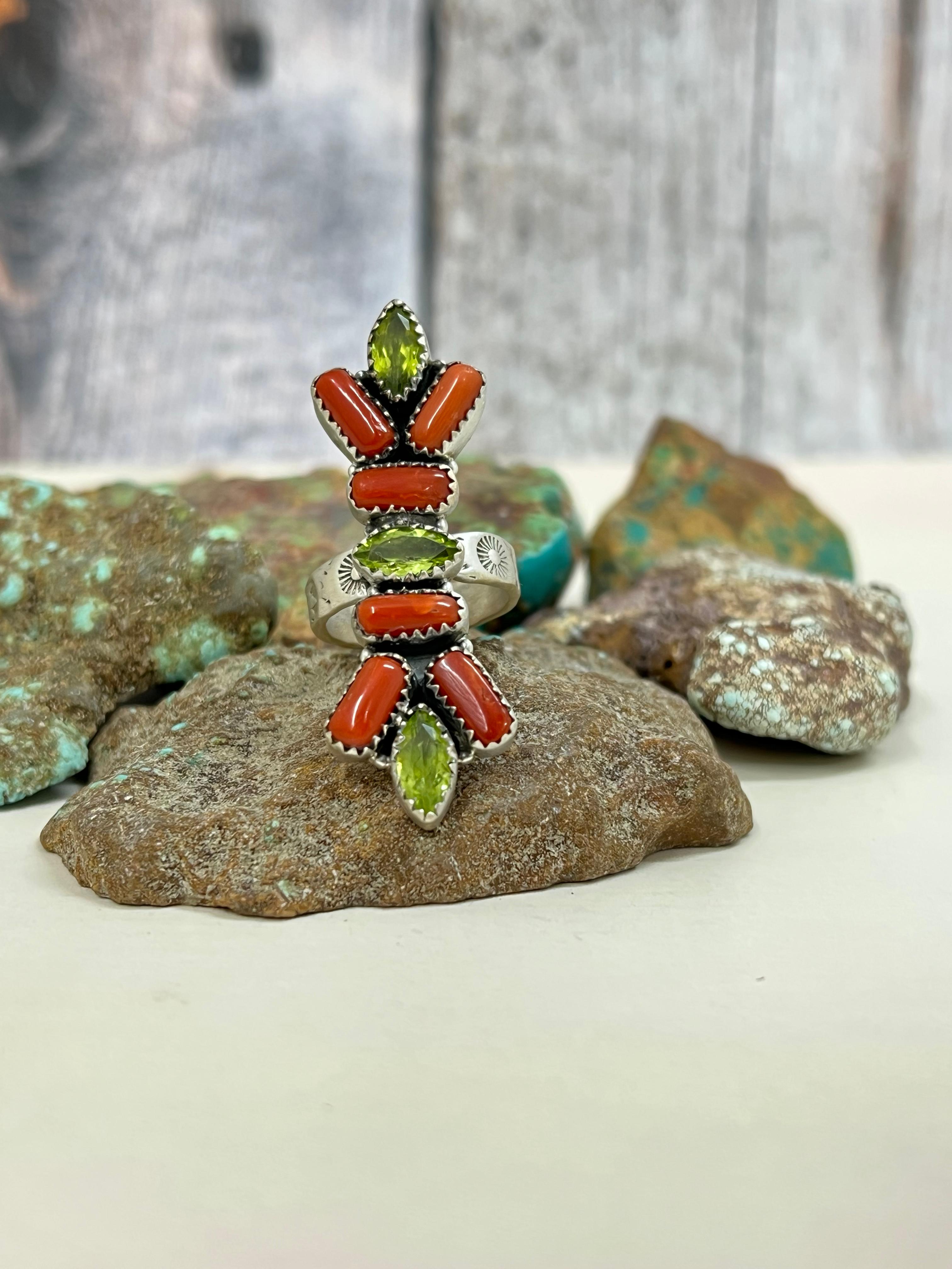 Christmas Collection Handmade Sterling Silver Coral with Peridot Adjustable Ring with Signed Nizhoni