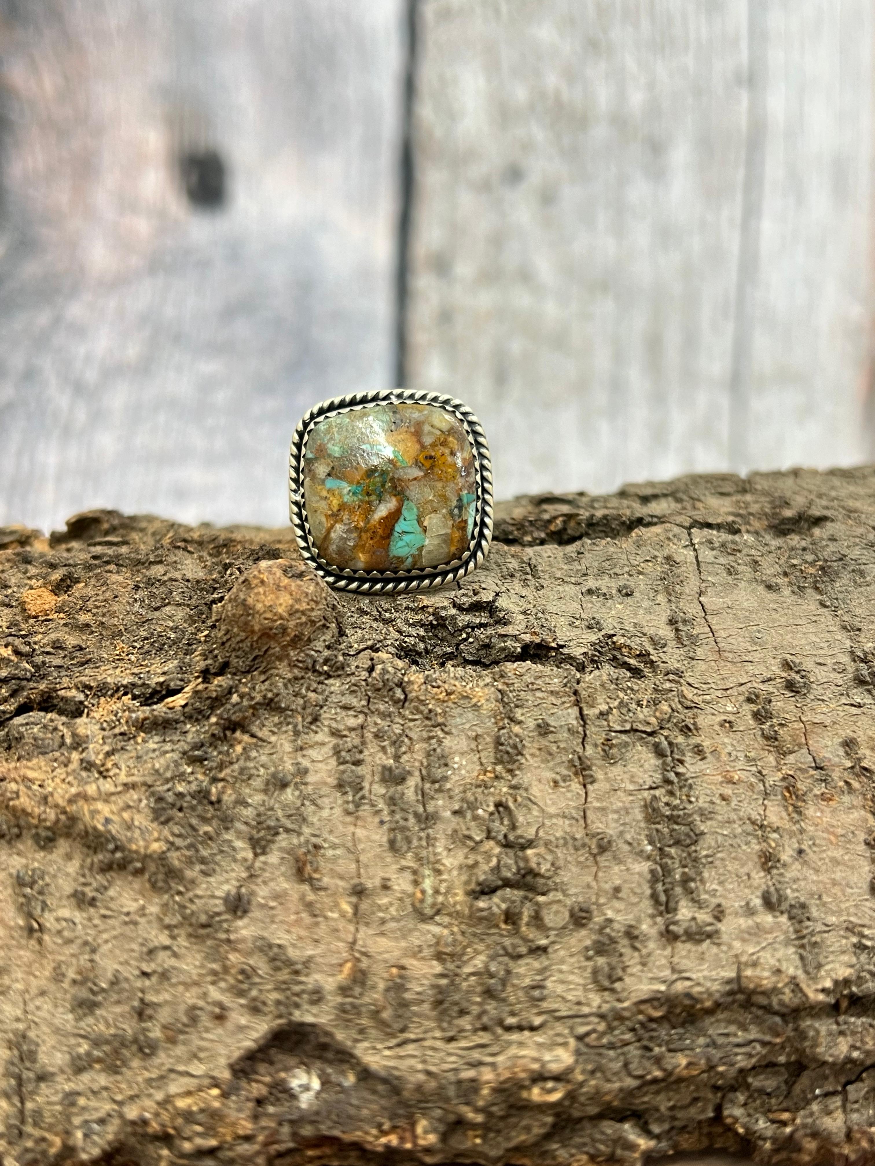Handmade Sterling Silver Royston Turquoise Adjustable Rings with Signed Nizhoni