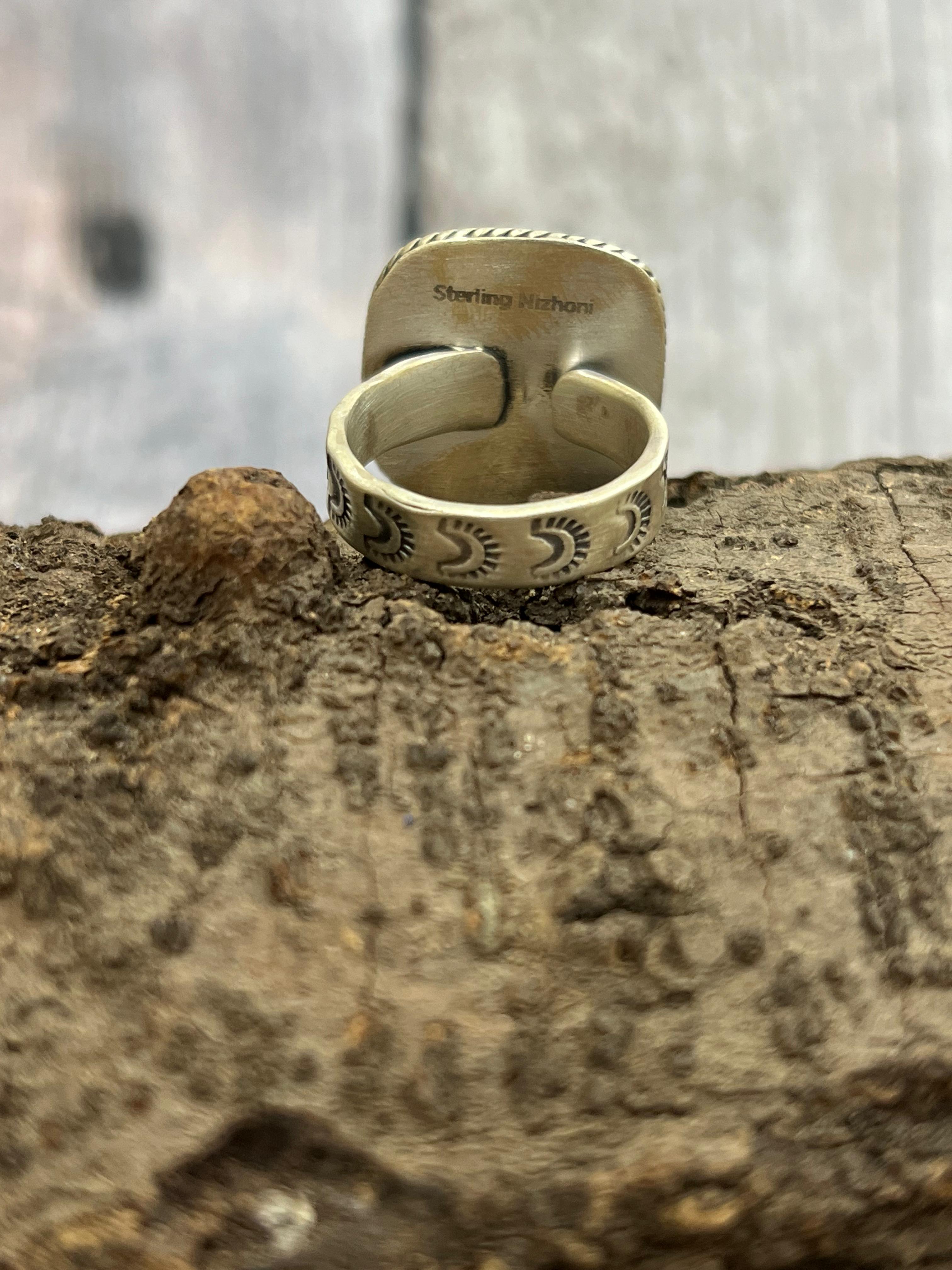 Handmade Sterling Silver Royston Turquoise Adjustable Rings with Signed Nizhoni