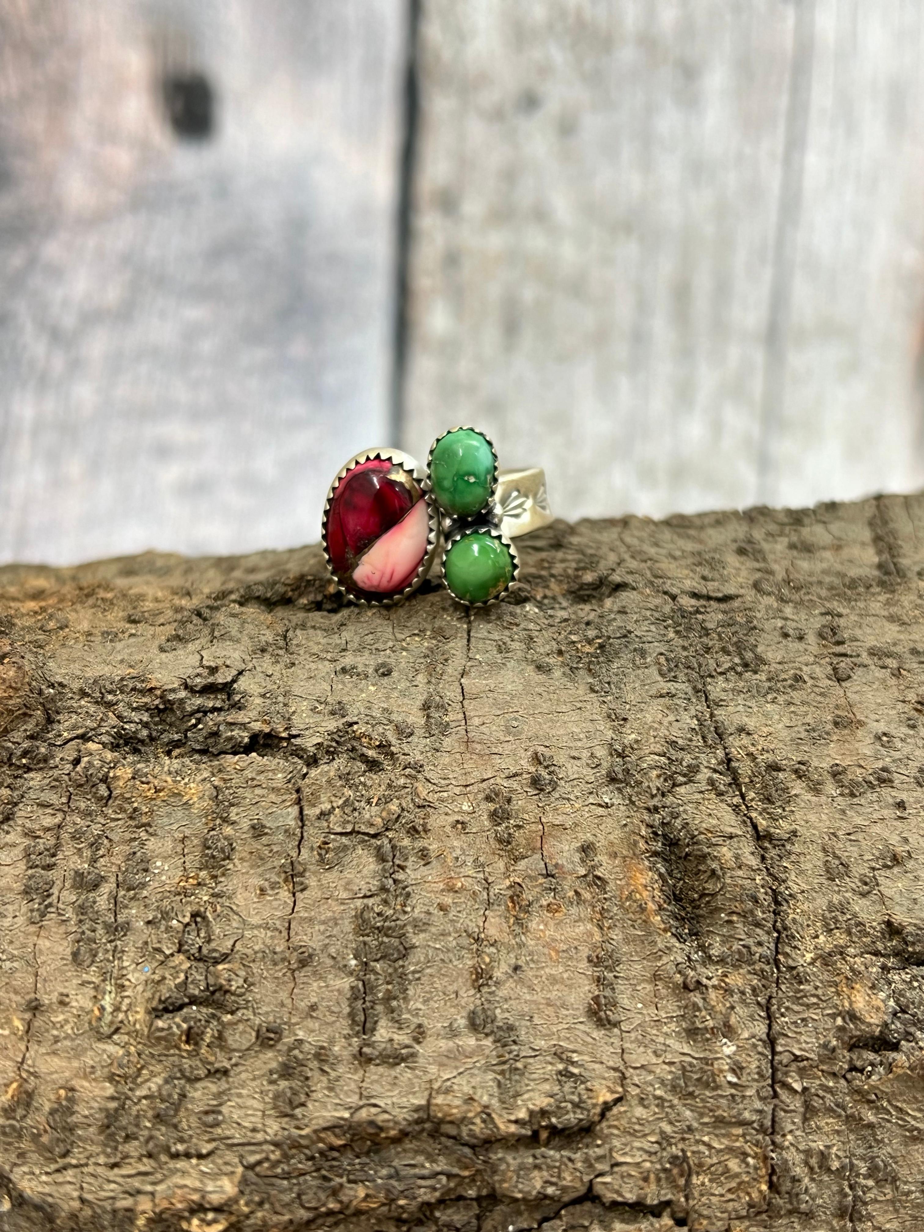 Handmade Sterling Silver Dahlia Rose with Emerald Velley Adjustable Rings with Signed Nizhoni