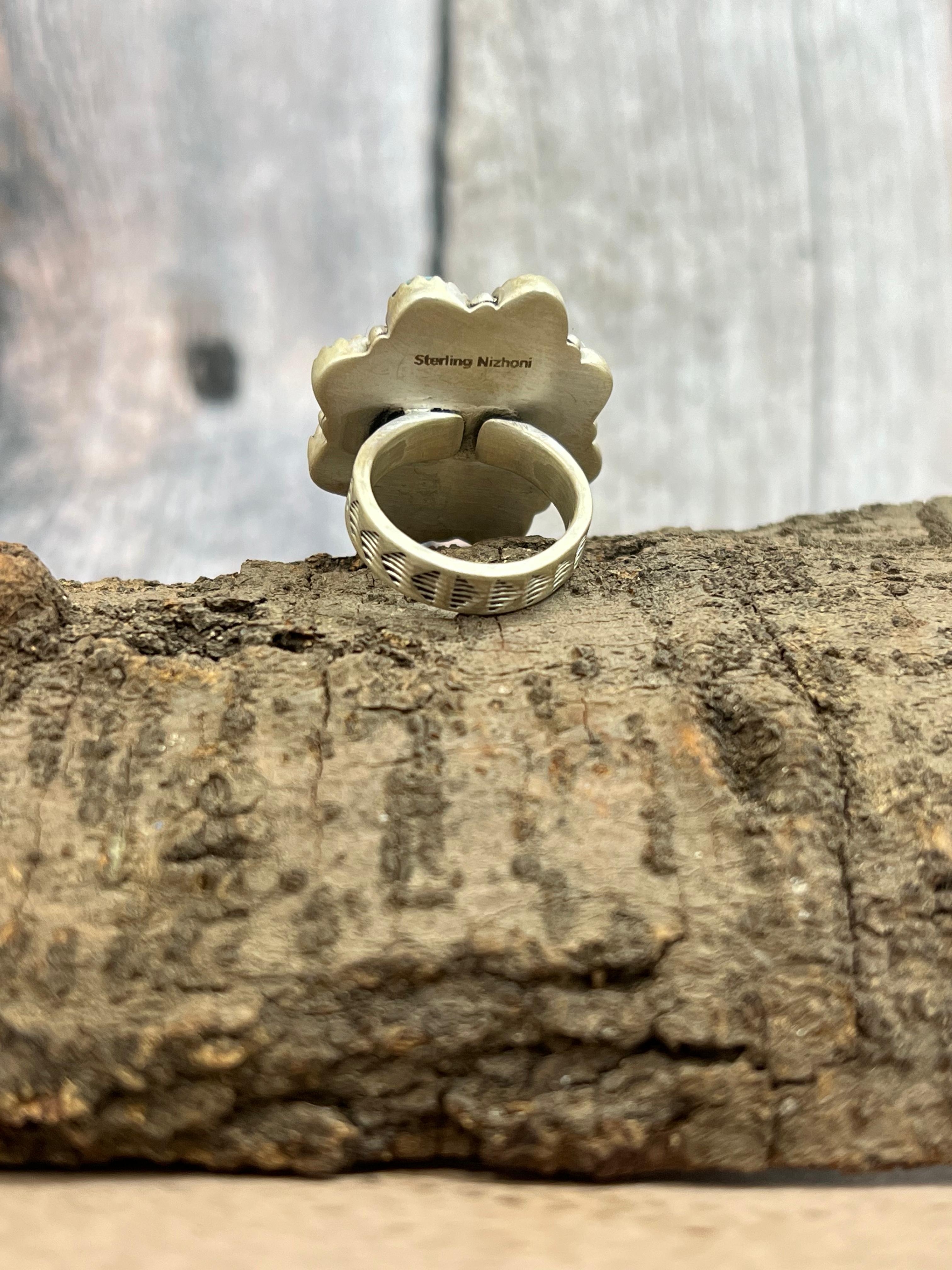 Handmade Sterling Silver Cotton Candy Turquoise Adjustable Rings with Signed Nizhoni