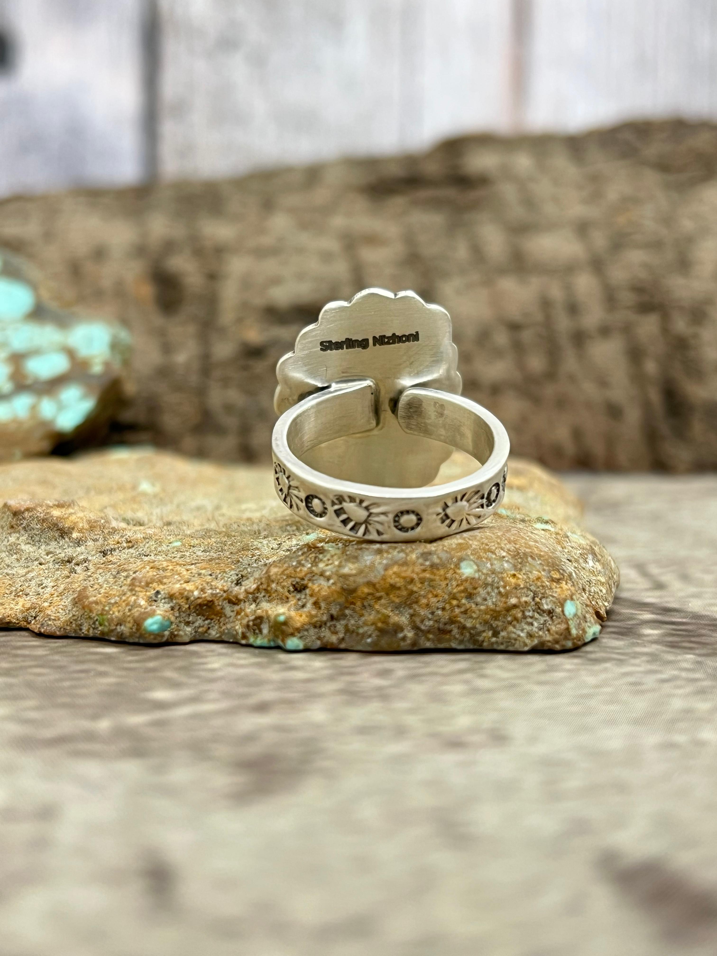 Handmade Sterling Silver Number 8 Turquoise Adjustable Ring with Signed Nizhoni