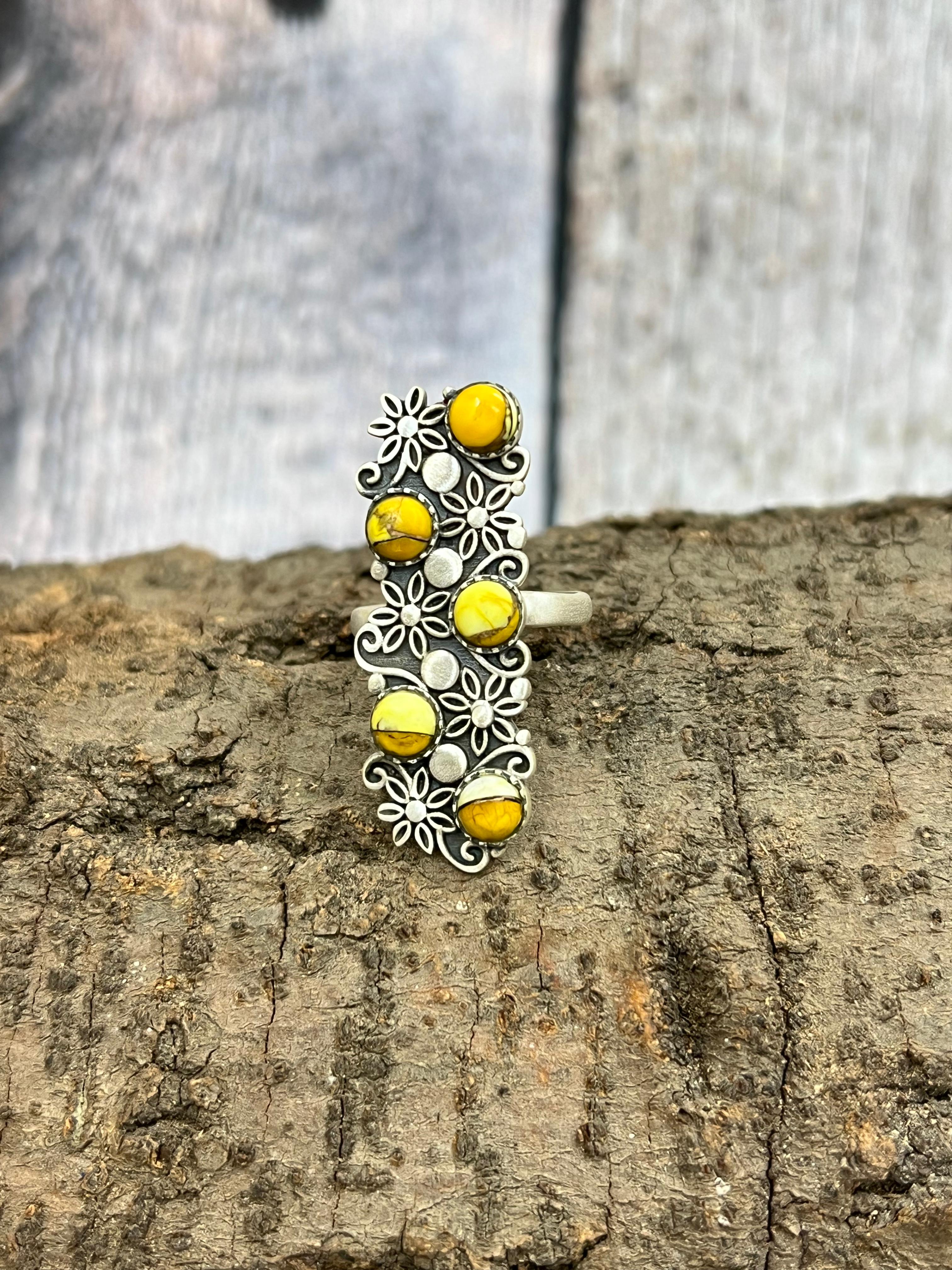 Handmade Sterling Silver Honey Dahlia Adjustable Ring with Signed Nizhoni