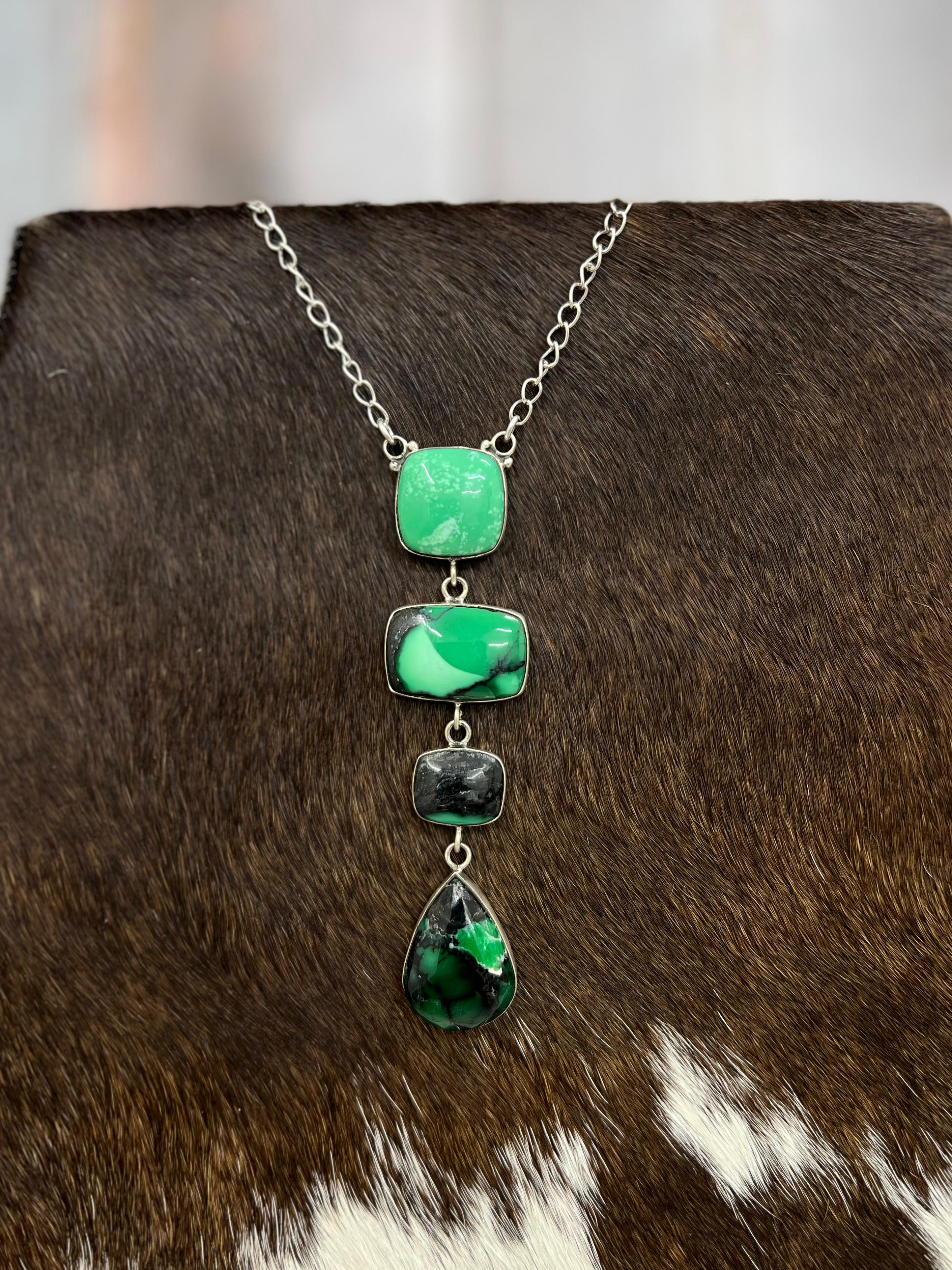 Handmade Sterling Silver Emerald Rose Necklace with Signed Nizhoni