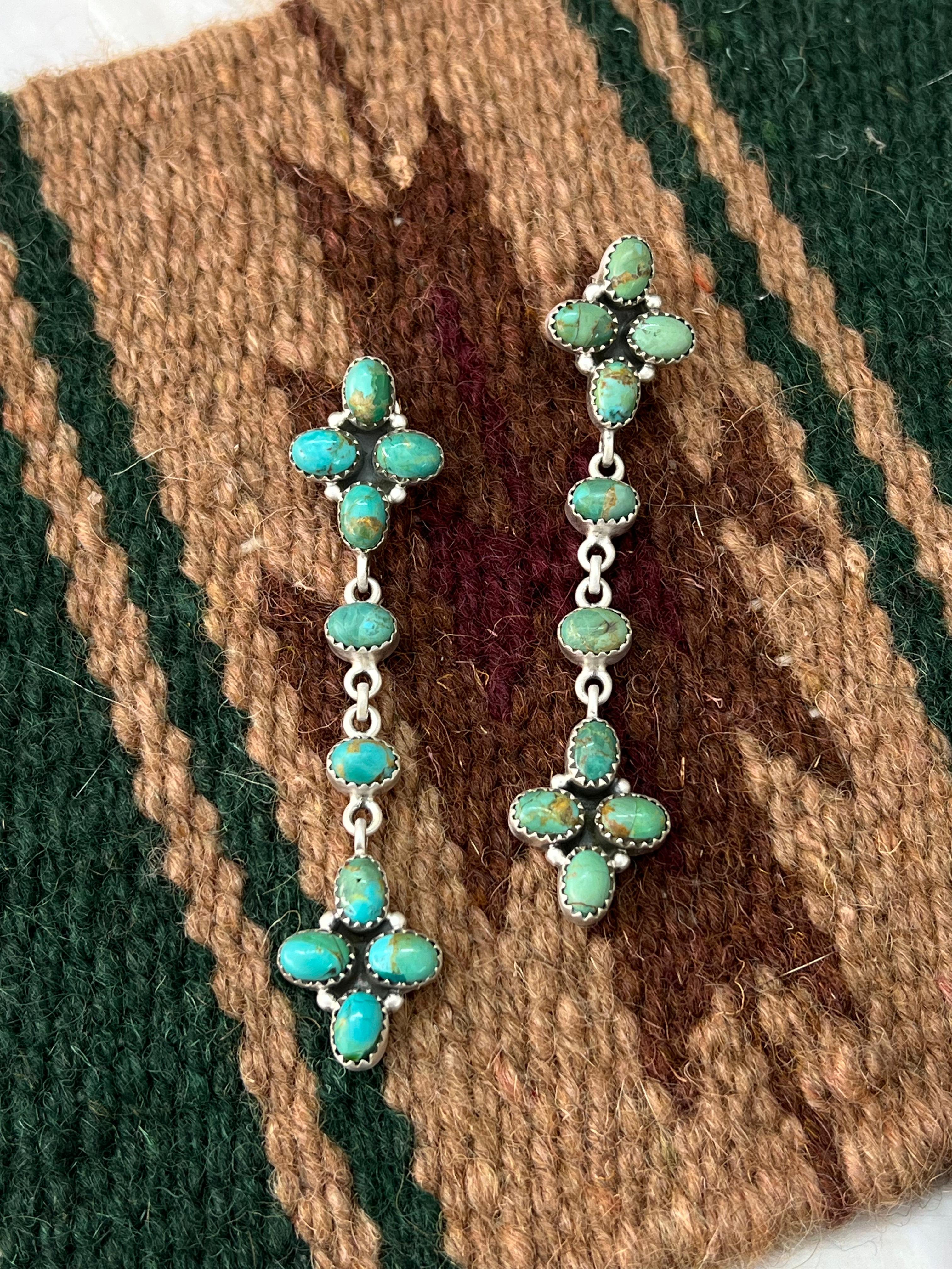 Handmade Sterling Silver Kingman Turquoise Post Dangle Earrings with Signed Nizhoni