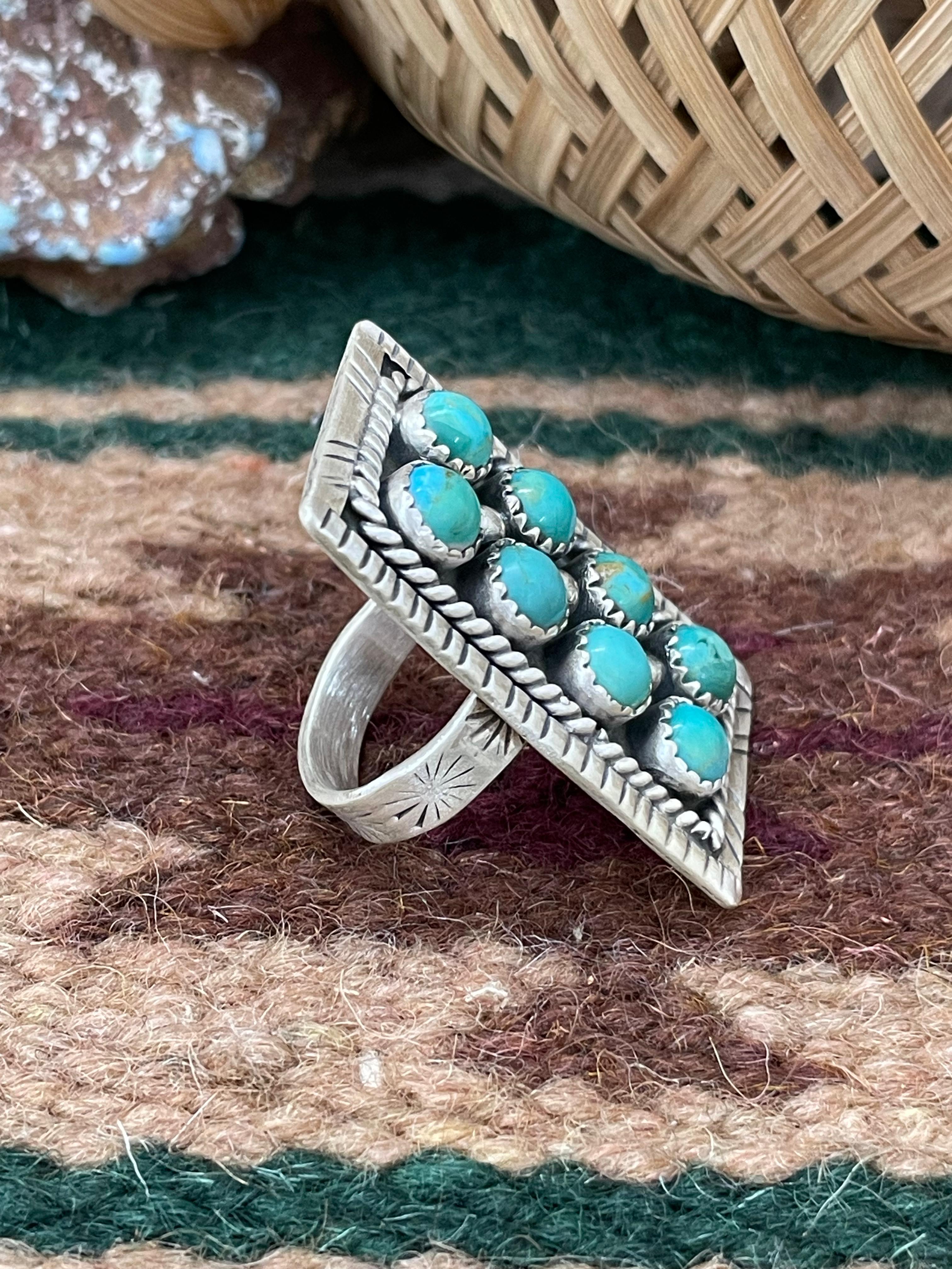 Handmade Sterling Silver Kingman Turquoise Adjustable Rings with Signed Nizhoni