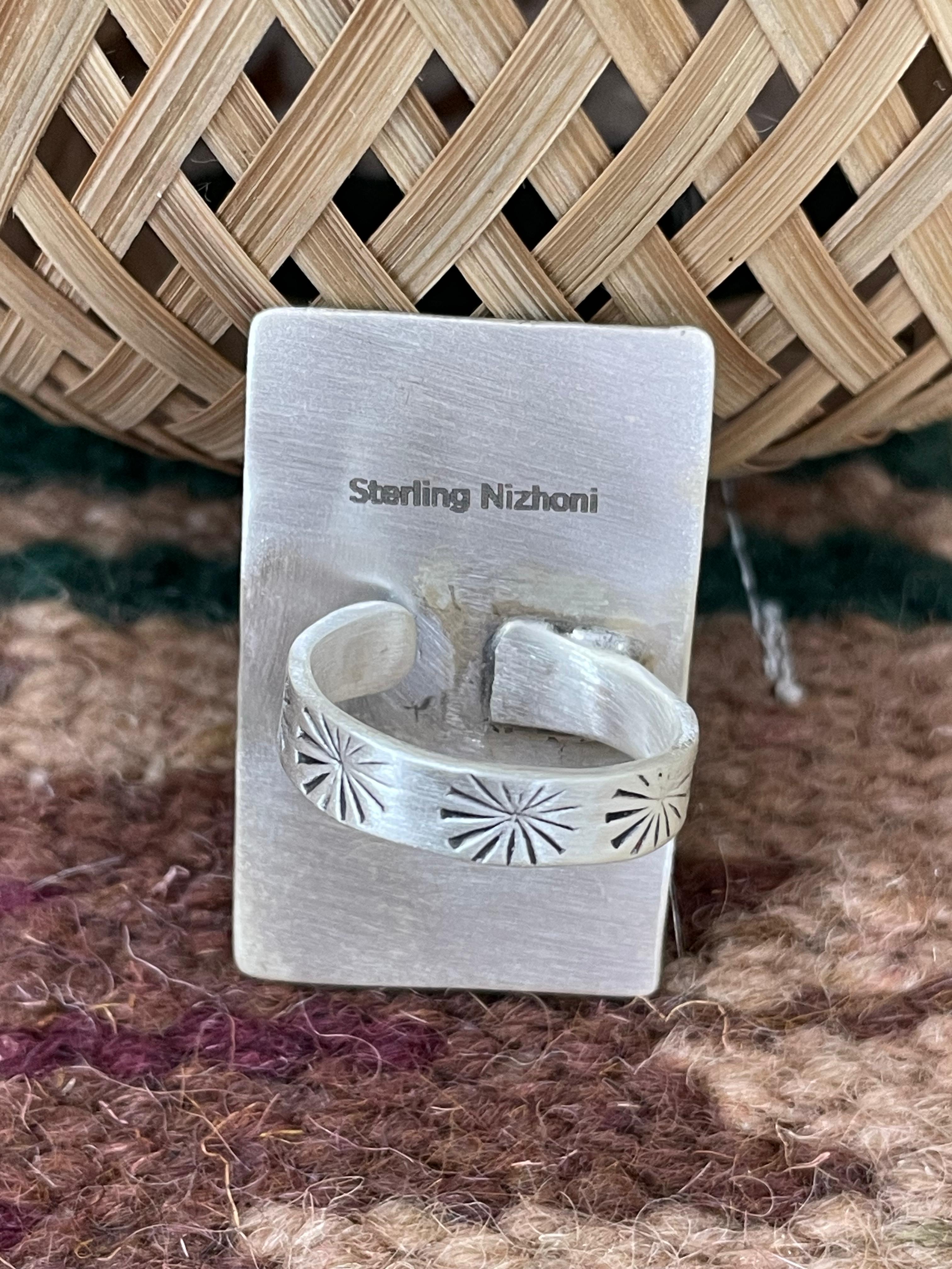Handmade Sterling Silver Kingman Turquoise Adjustable Rings with Signed Nizhoni