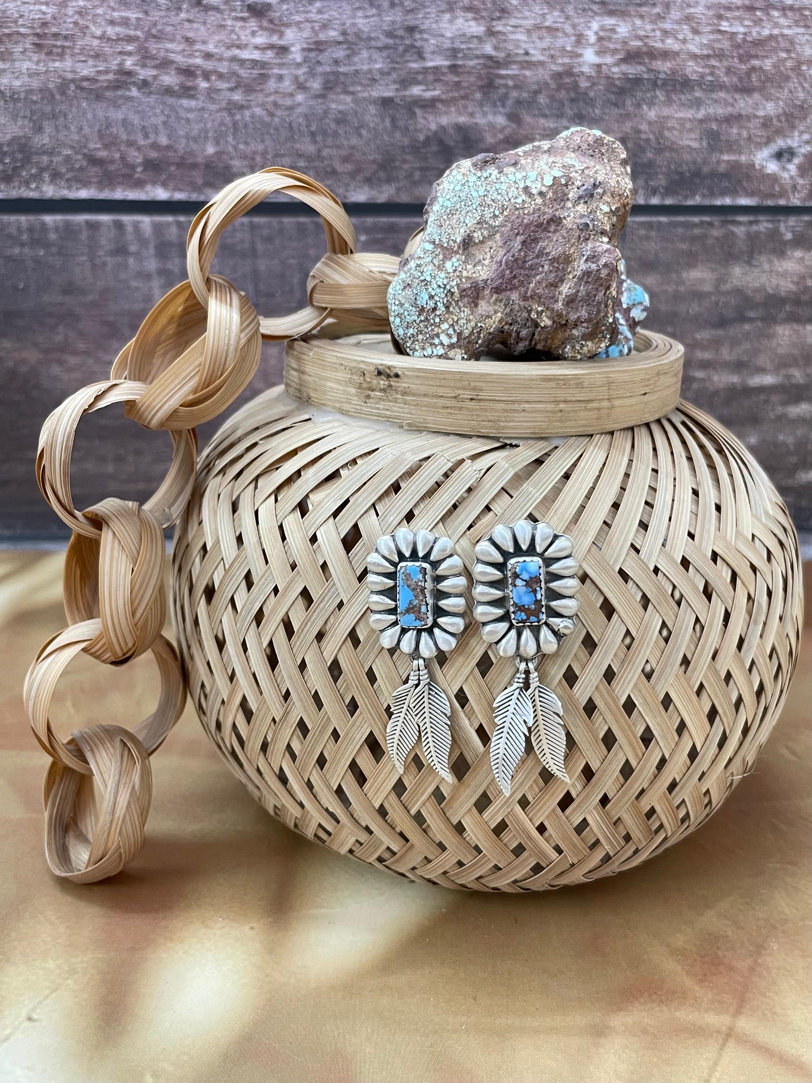 Handmade Sterling Silver Golden Hills Turquoise Post Dangle Earrings with Signed Nizhoni