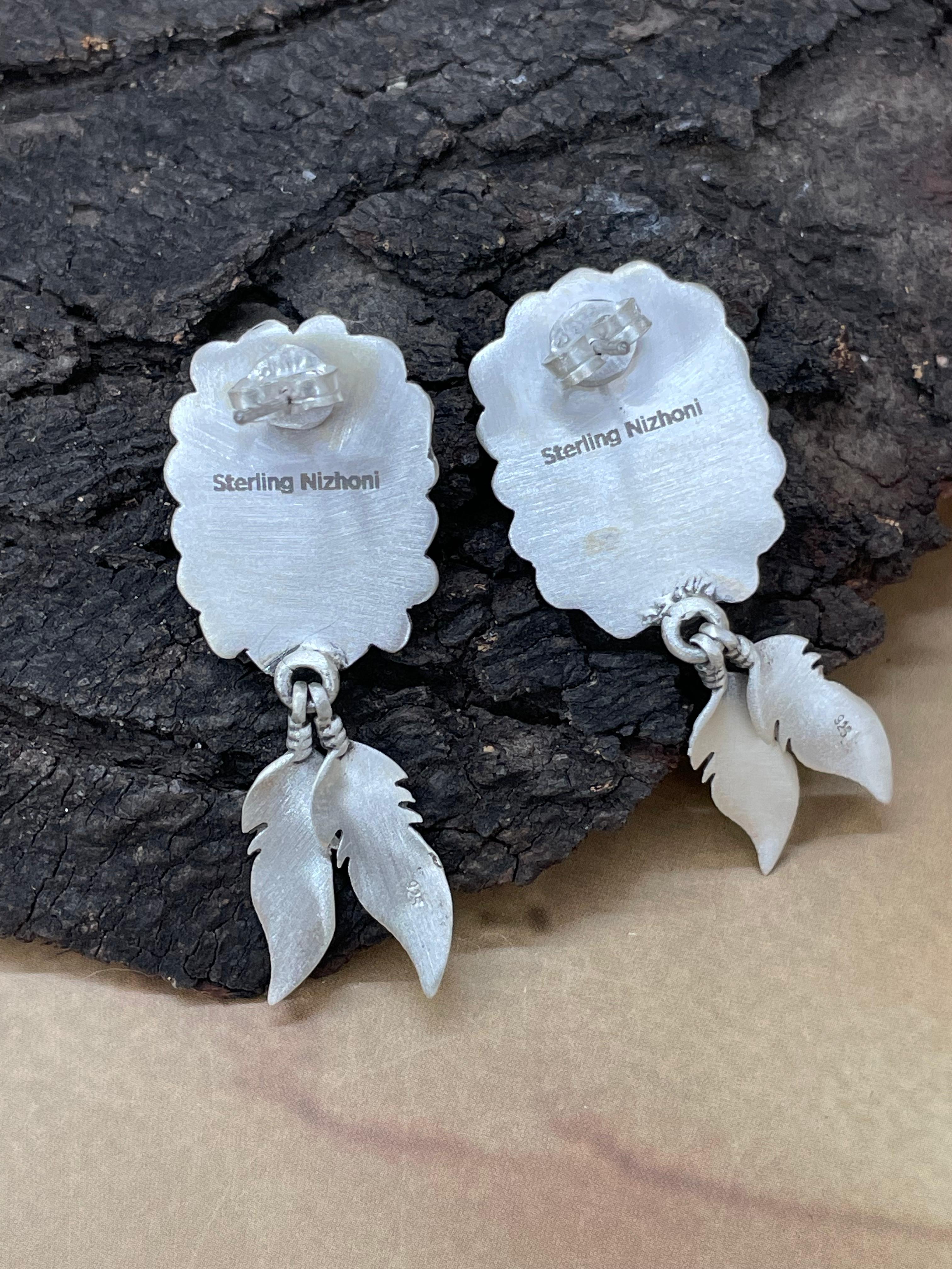 Handmade Sterling Silver Golden Hills Turquoise Post Dangle Earrings with Signed Nizhoni