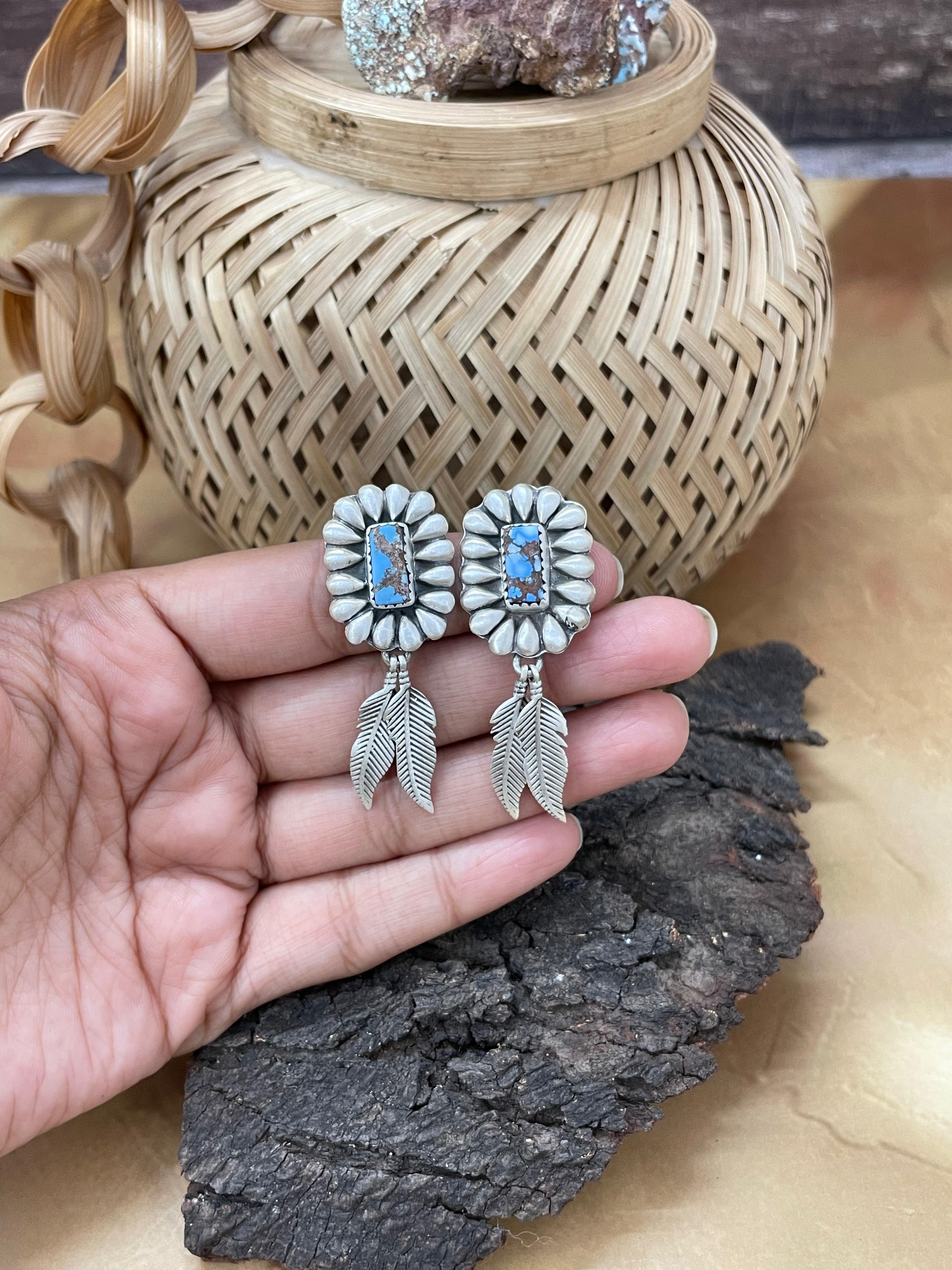 Handmade Sterling Silver Golden Hills Turquoise Post Dangle Earrings with Signed Nizhoni