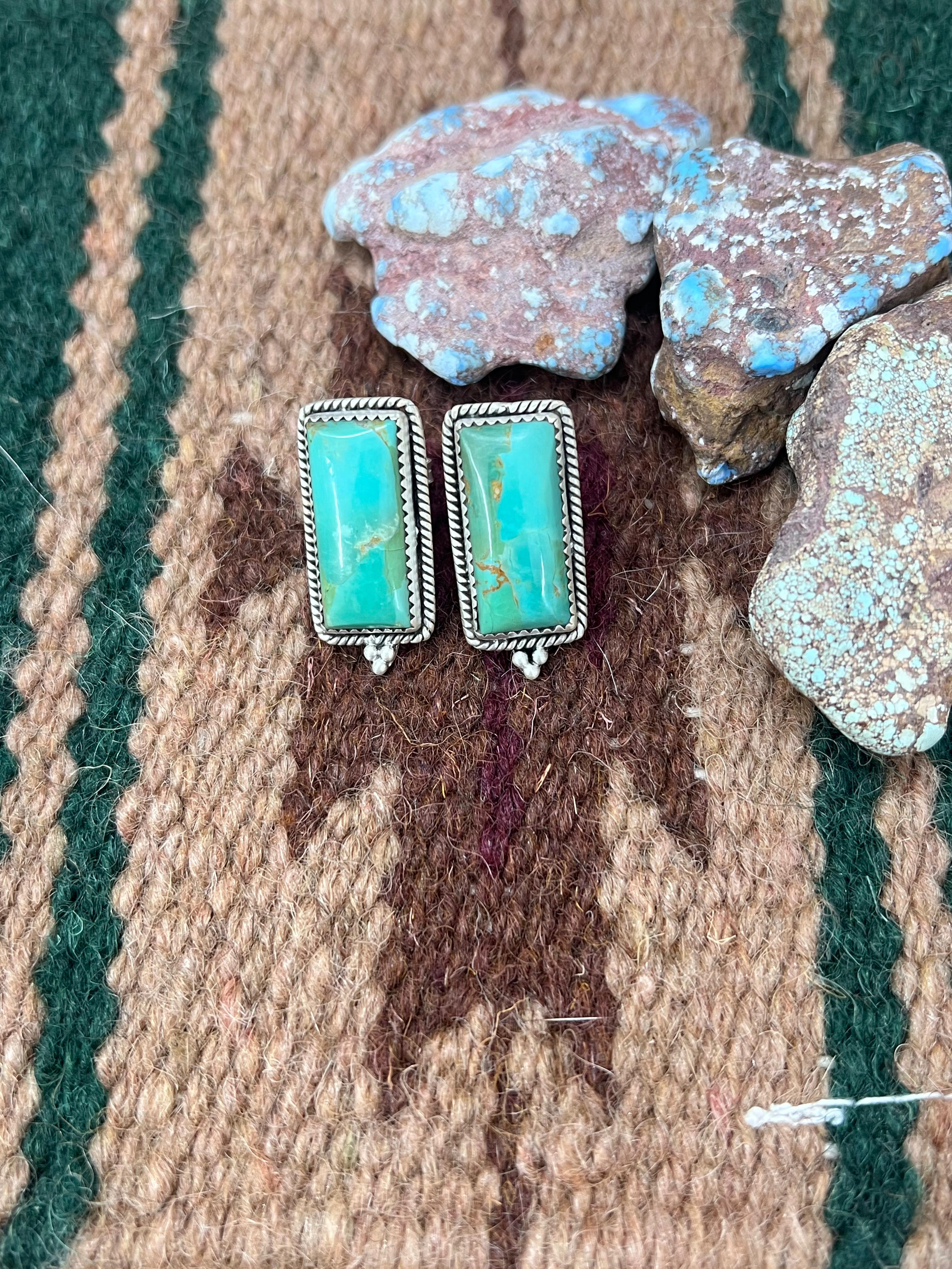 Handmade Sterling Silver Kingman Turquoise Post Earrings with Signed Nizhoni (1)