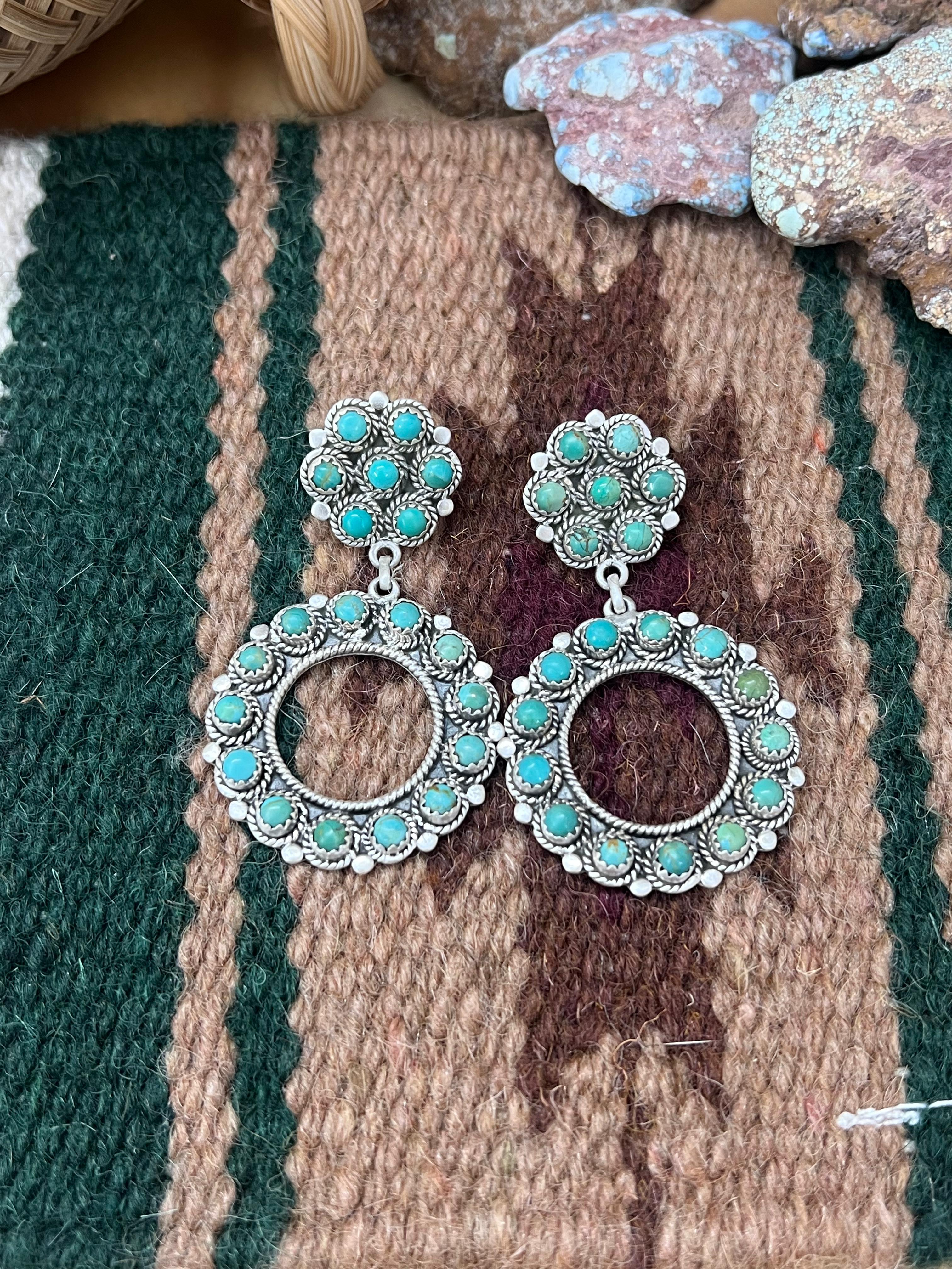 Handmade Sterling Silver Kingman Turquoise Post Dangle Earrings with Signed Nizhoni