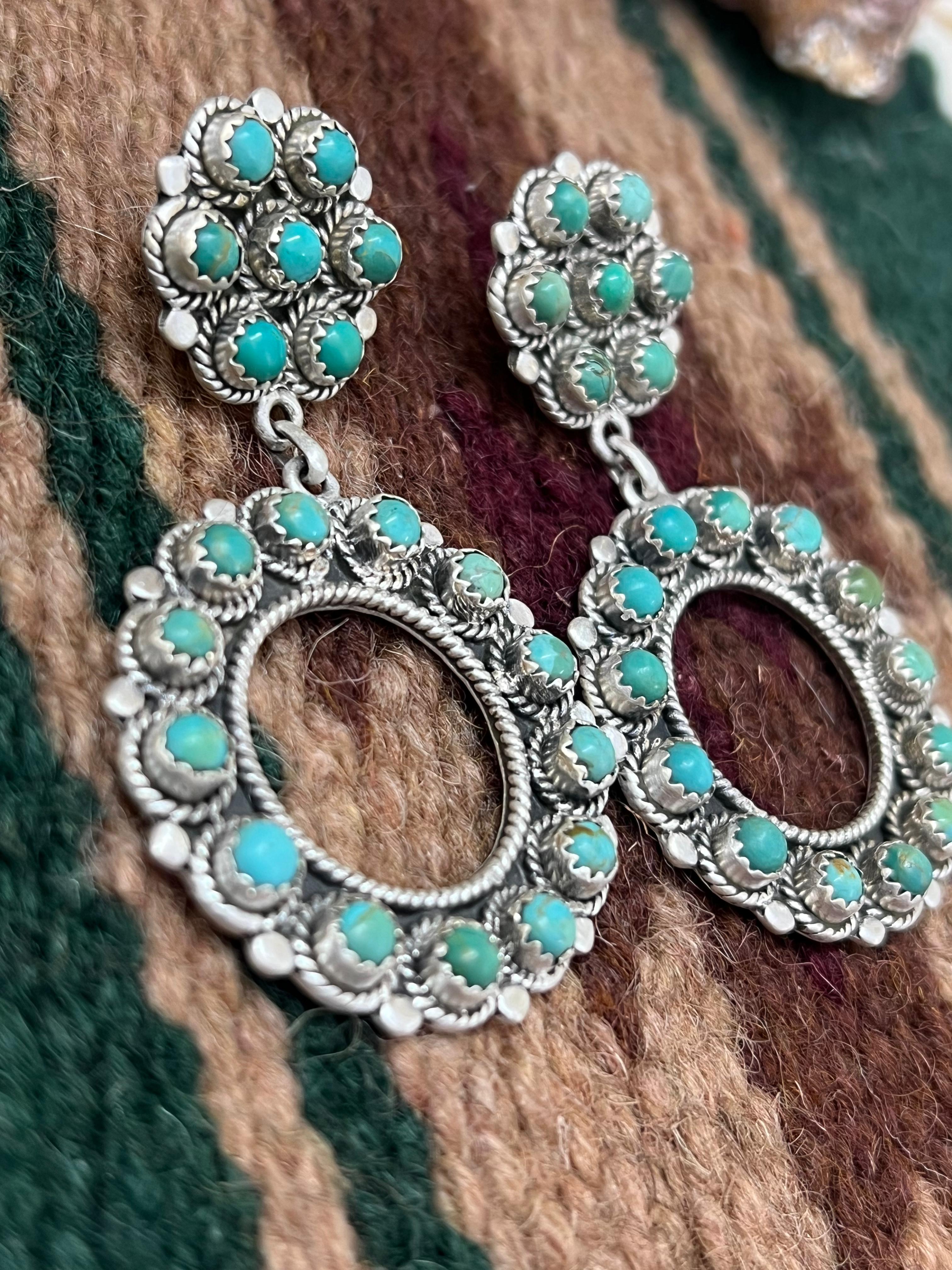 Handmade Sterling Silver Kingman Turquoise Post Dangle Earrings with Signed Nizhoni