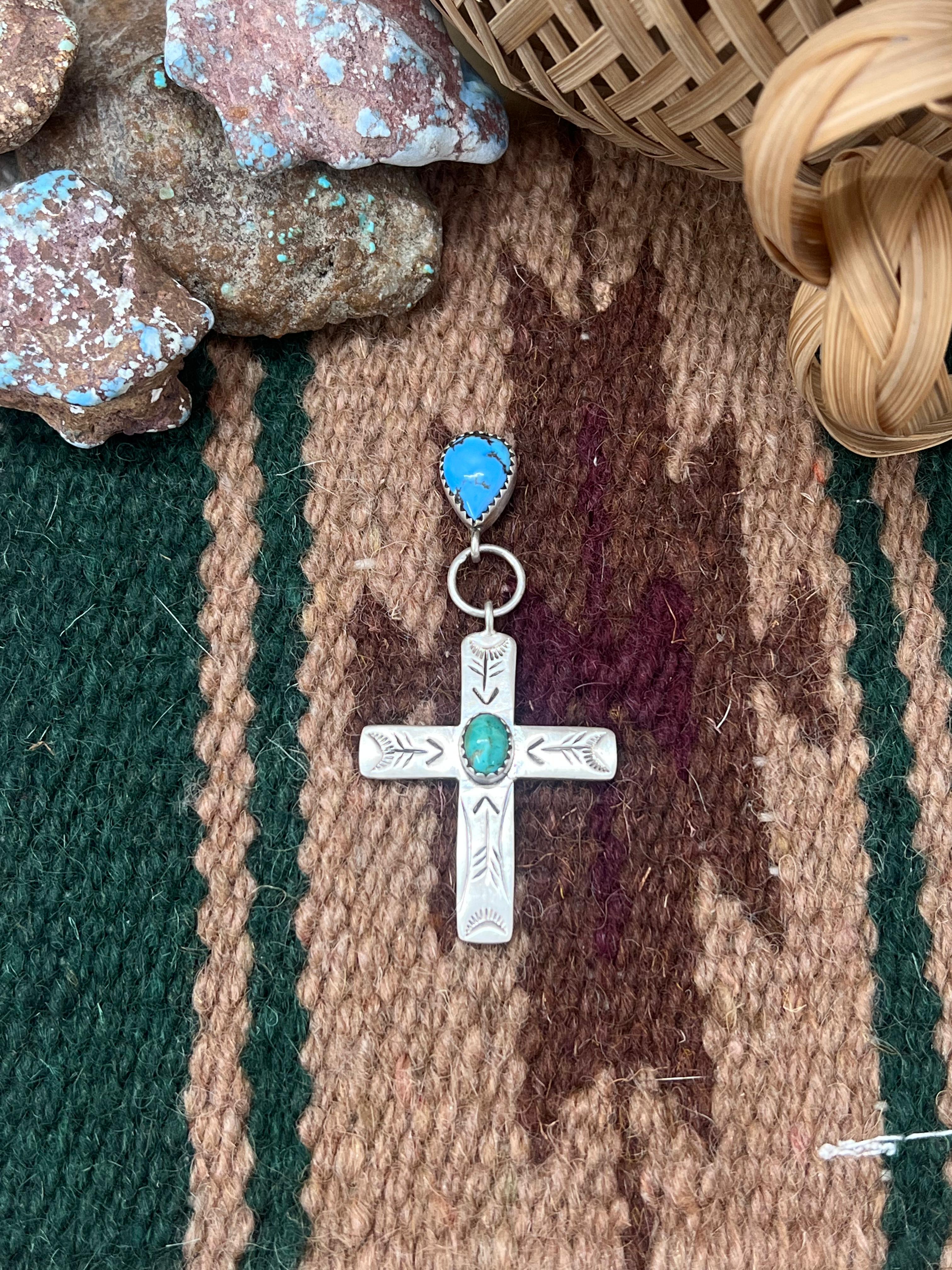 Handmade Sterling Silver Golden Hills Turquoise with Kingman Turquoise Pendant with Signed Nizhoni