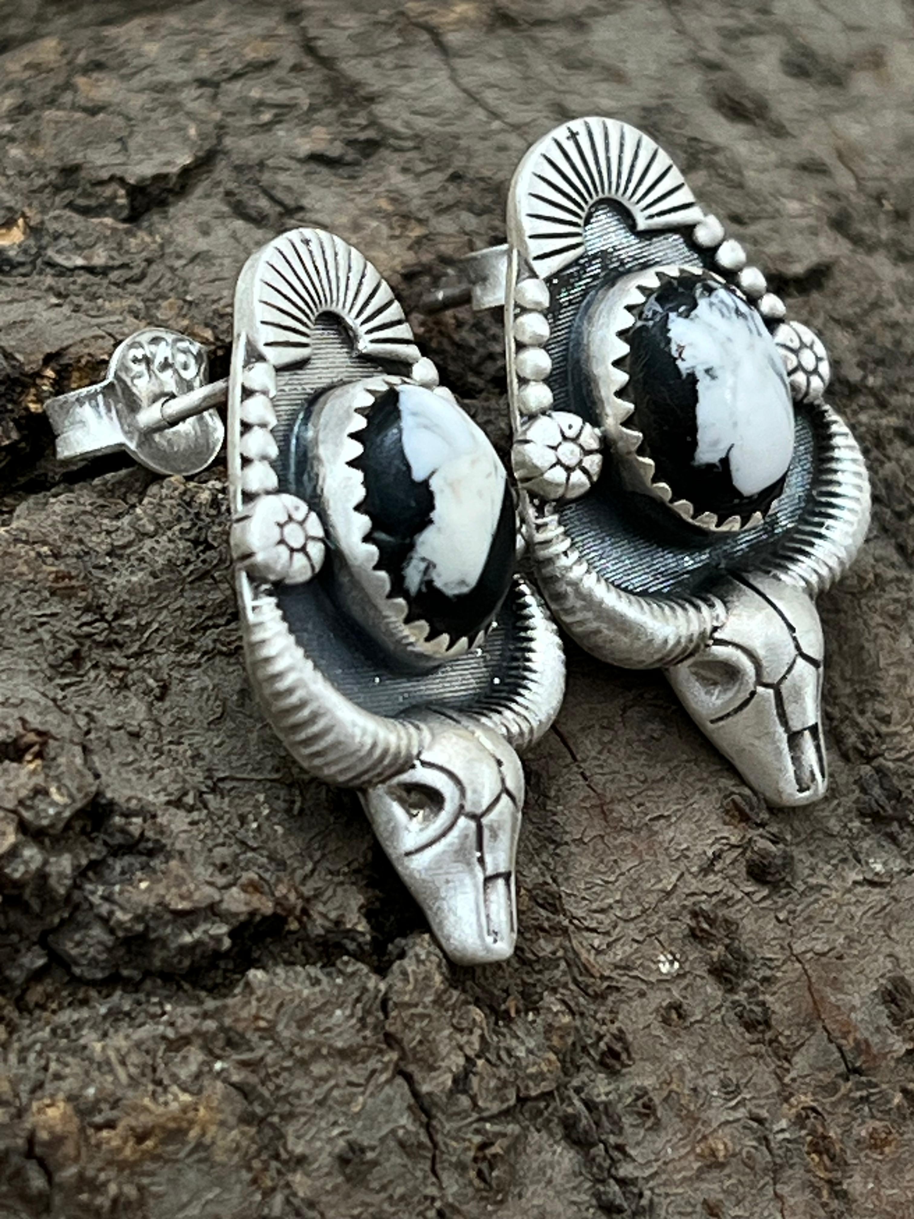 Handmade Sterling Silver White Buffalo Post Earrings with Signed Nizhoni