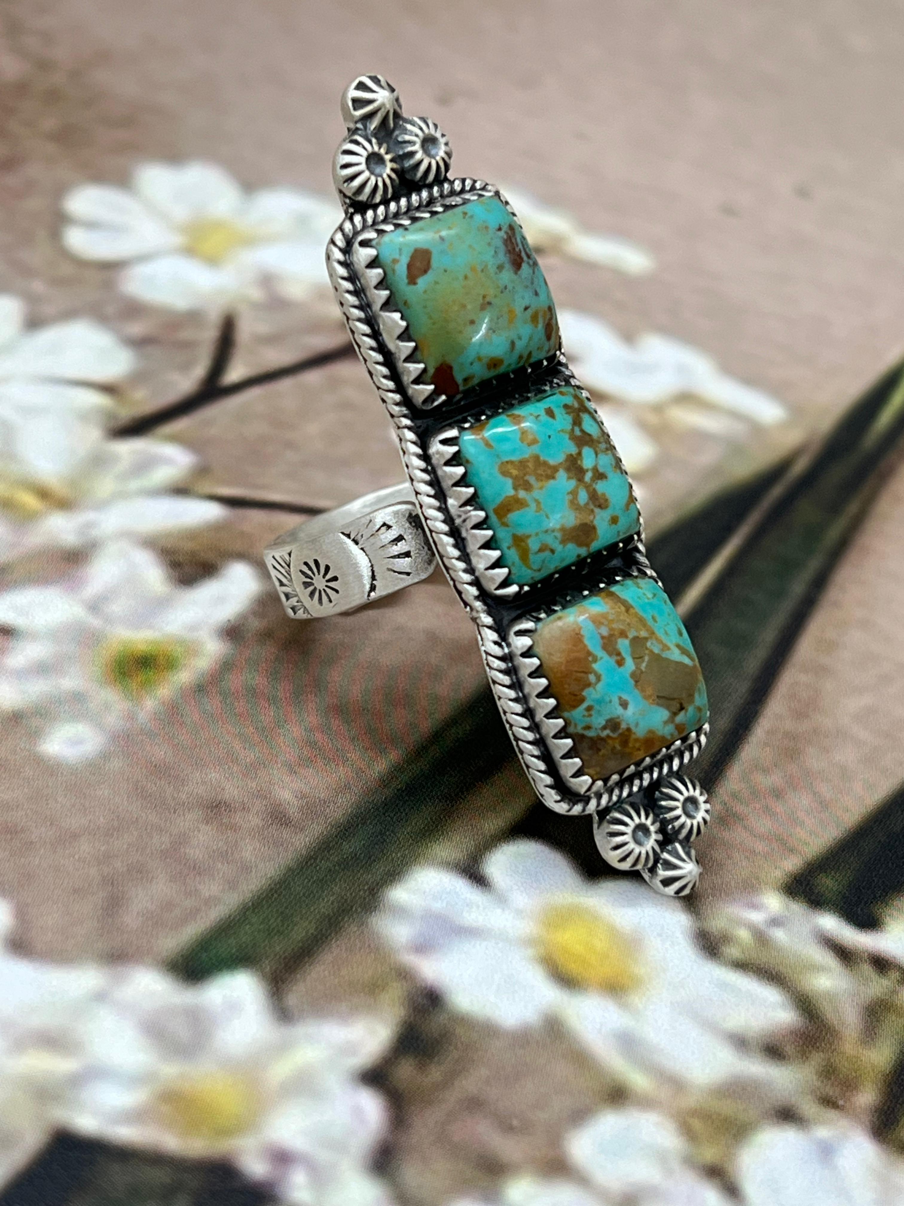Handmade Sterling Silver Old Stock Royston Turquoise Adjustable Rings with Signed Nizhoni