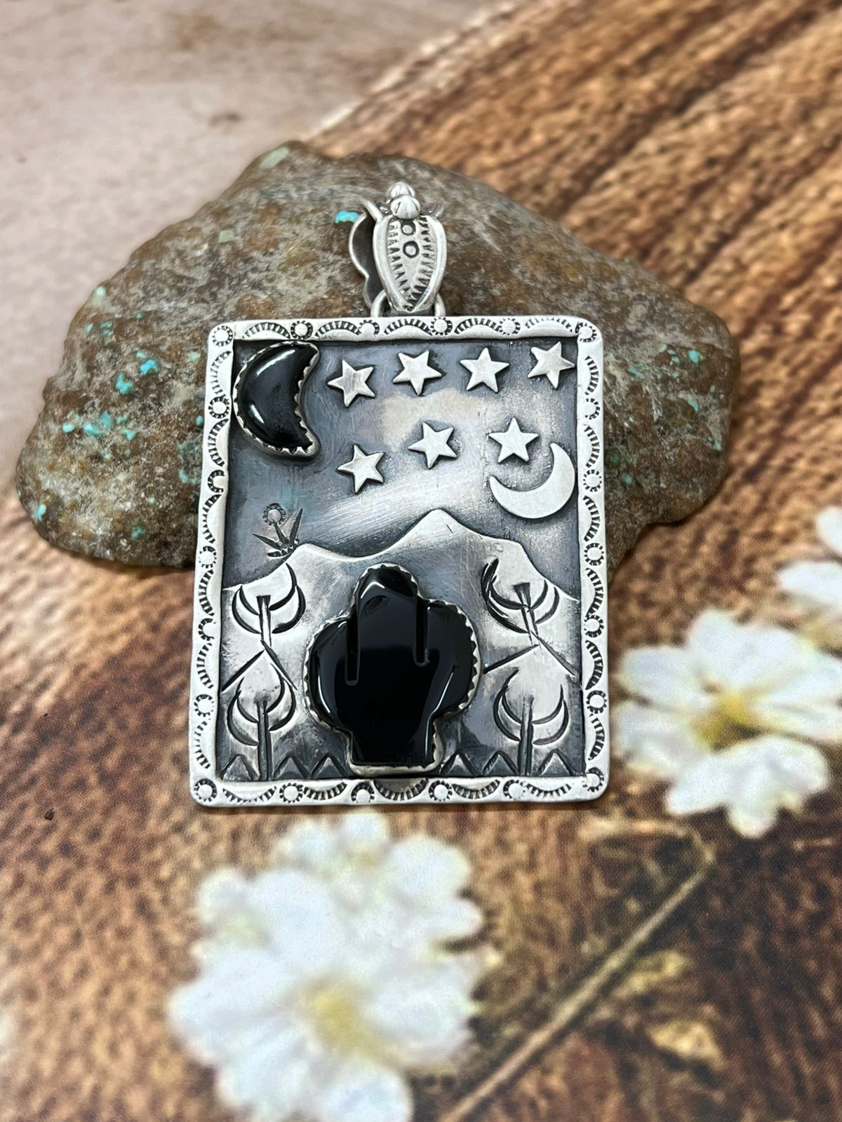 Handmade Sterling Silver Black Onyx Pendant with Signed Nizhoni